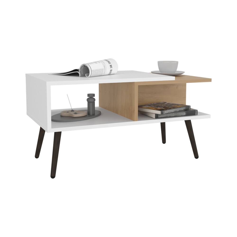 Alt View 2. TuHome - Aranjuez 29" Wide Coffee Table With Three Shelves, Rectangular, Living Room - Natural Oak - White - Black.
