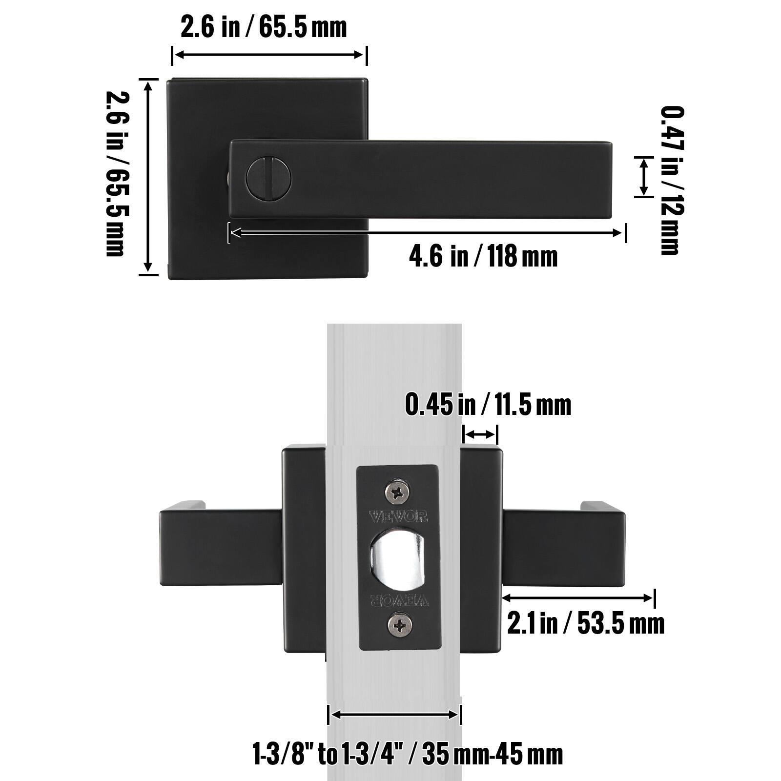 - 2.6 in / 65.5 mm
- 4.6 in / 118 mm
- 0.47 in / 12 mm
- 0.45 in / 11.5 mm
- 2.1 in / 53.5 mm
- 1-3/8" to 1-3/4" / 35 mm-45 mm