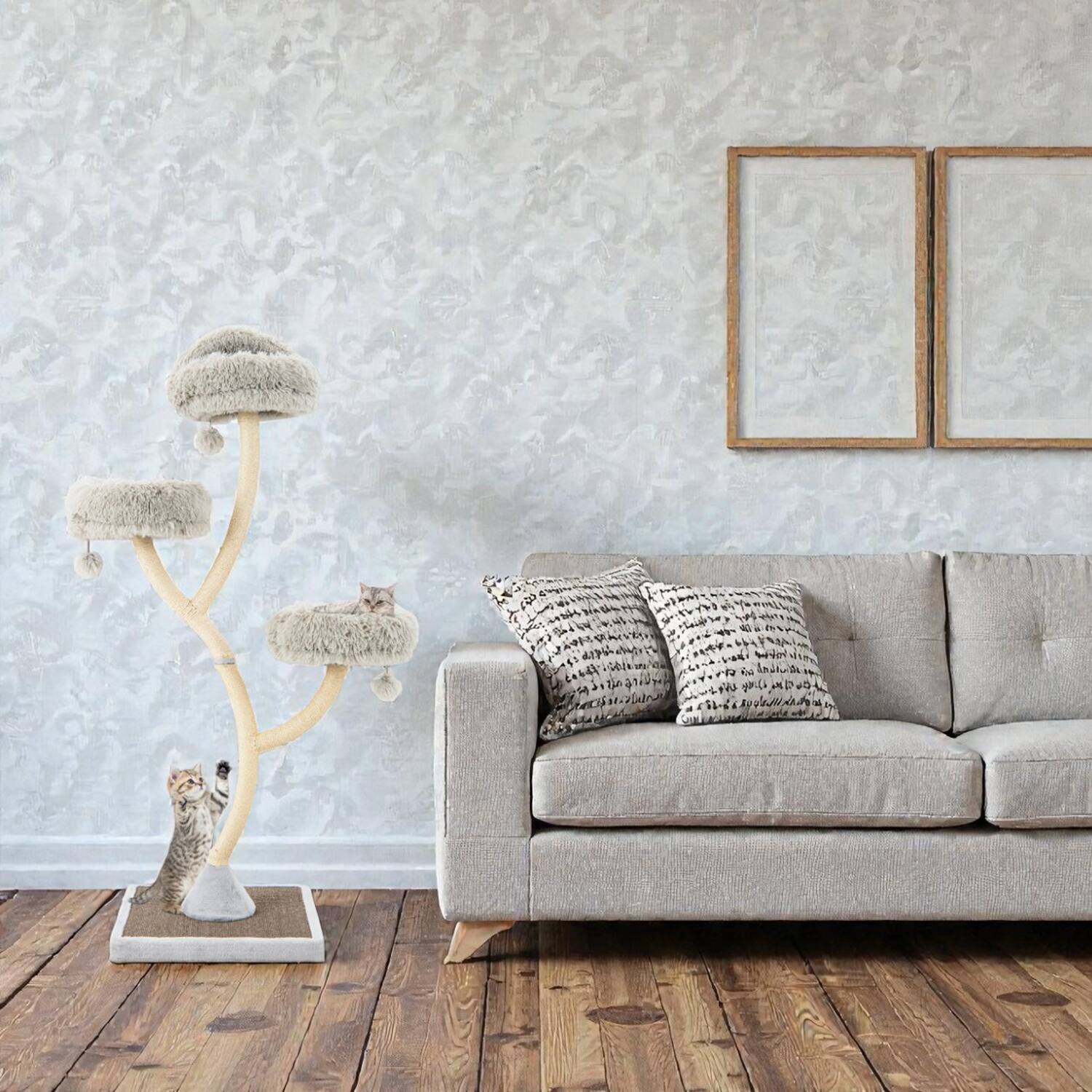 Front. BreeBe - Tall 70-Inch Cat Tree Featuring 4 Levels Three Elevated Perches and Dangling Balls - Gray.