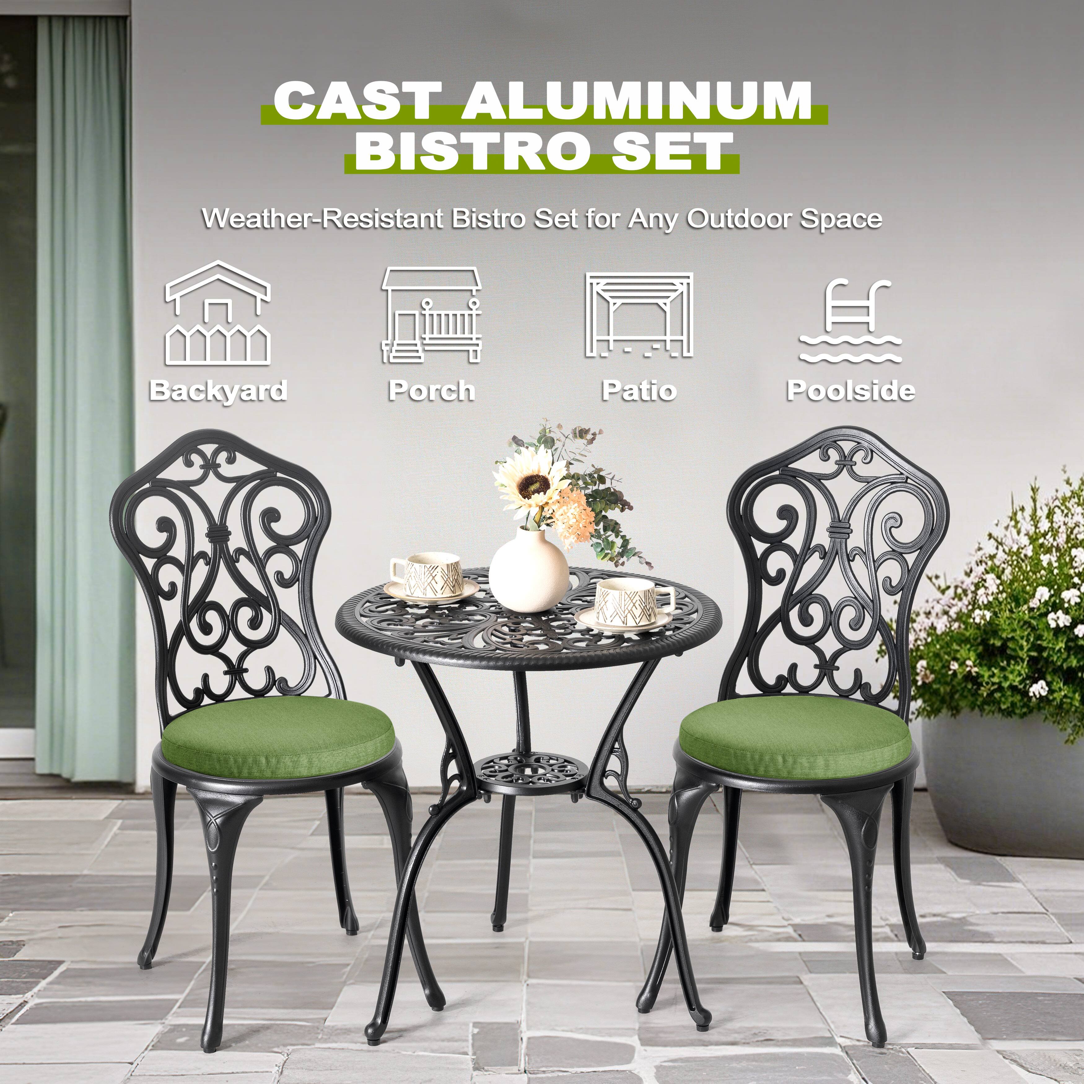 CAST ALUMINUM BISTRO SET  
Weather-Resistant Bistro Set for Any Outdoor Space  
Backyard  
Porch  
Patio  
Poolside