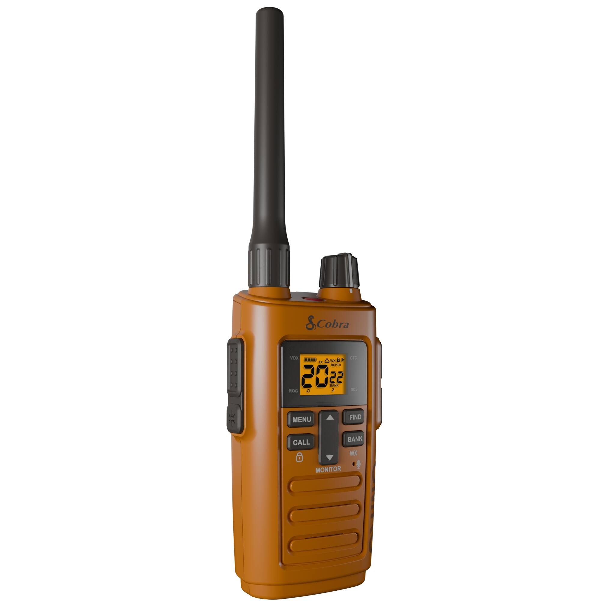 The image features a small orange radio with a black antenna. The radio has a screen displaying the temperature as 20 degrees Celsius. The radio is likely a two-way radio with a range of features, such as a menu, find call, bank, and monitor options.