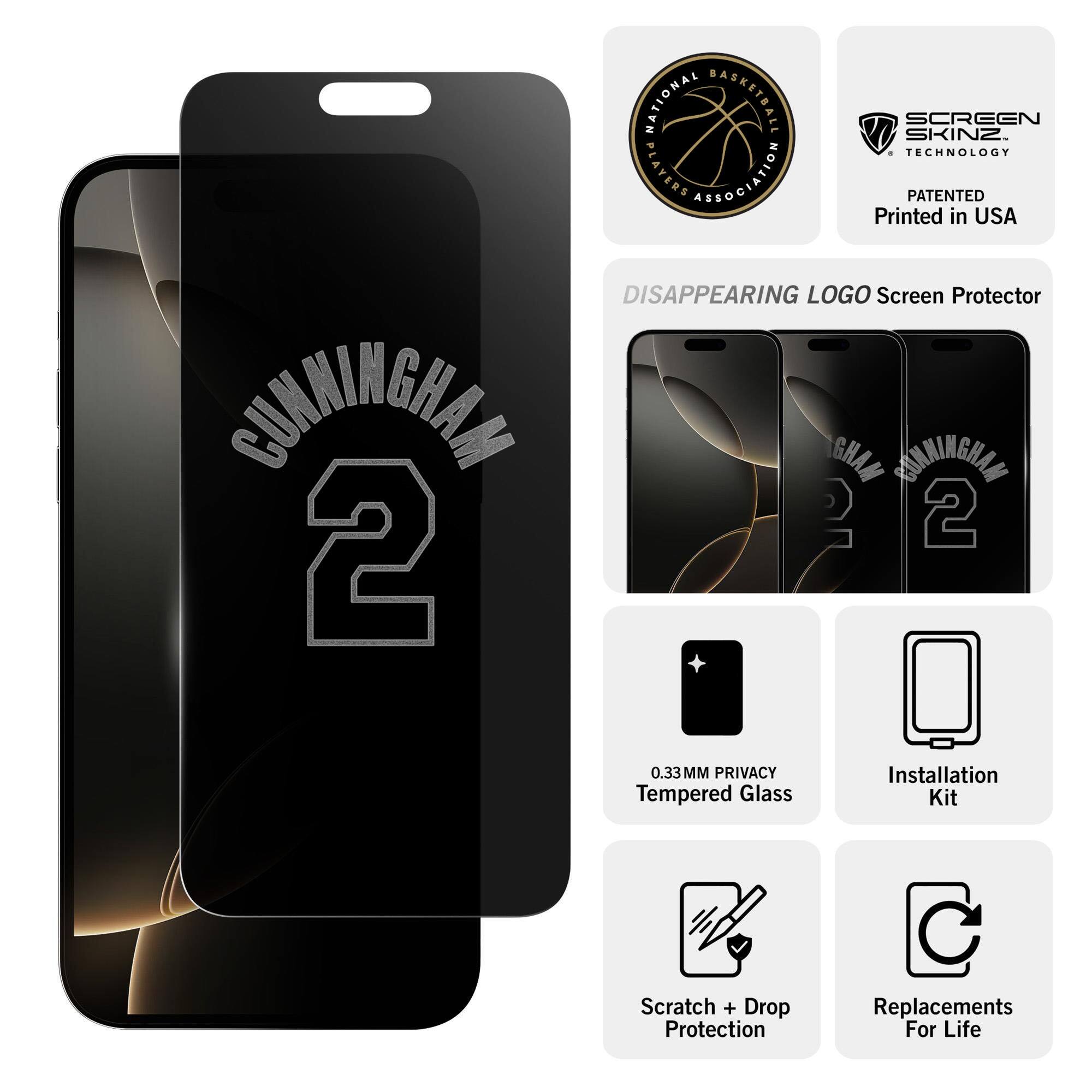 NATIONAL BASKETBALL PLAYERS ASSOCIATION SCREEN SKINZ TECHNOLOGY PATENTED Printed in USA DISAPPEARING LOGO Screen Protector SANGHAG GHAM SSANINGHAL 2 2 2 0.33MM PRIVACY Tempered Glass Installation Kit Scratch + Drop Protection C Replacements For Life