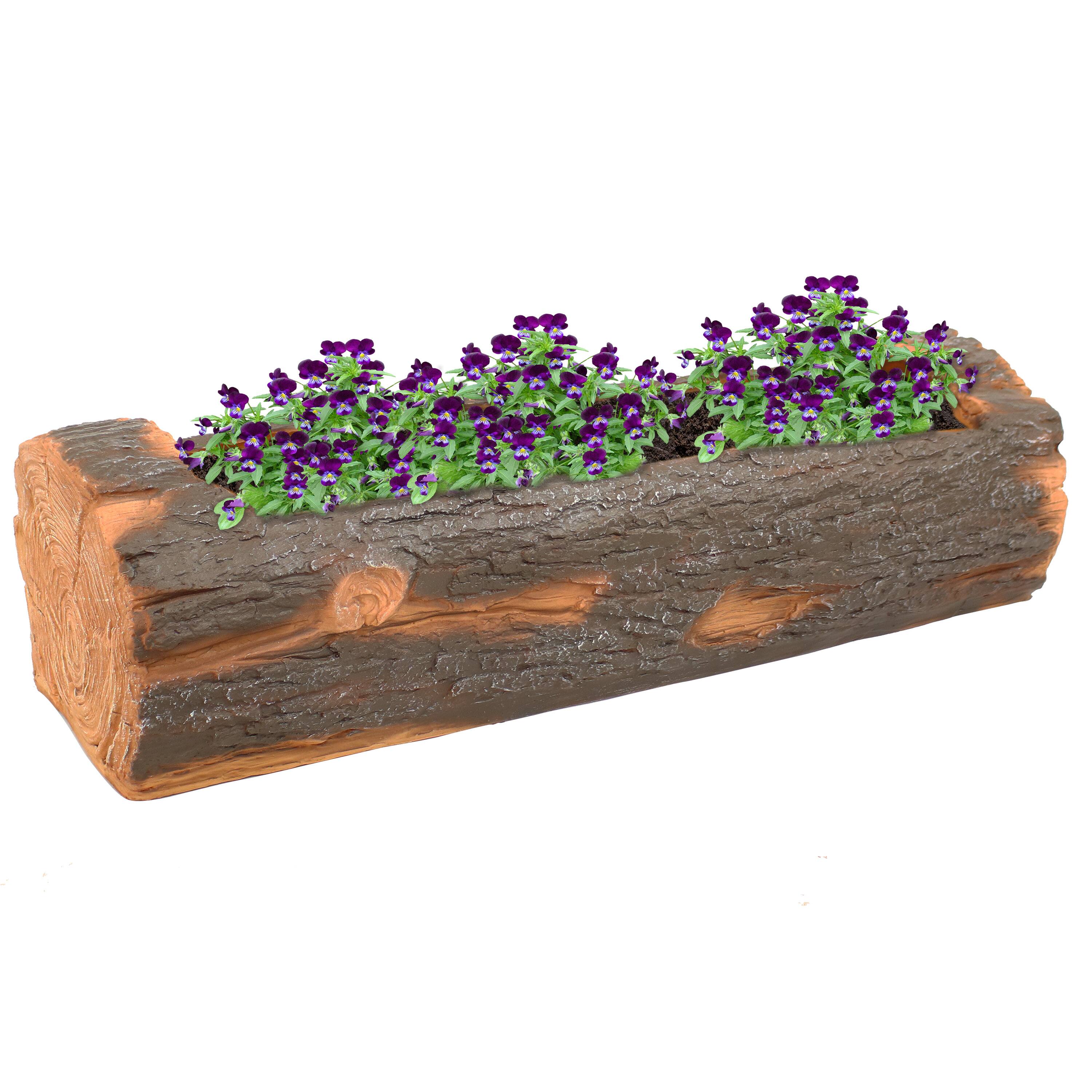 Alt View 4. Sunnydaze - 35 in Polyresin Rustic Outdoor Raised Log Flower Pot Planter - Brown.