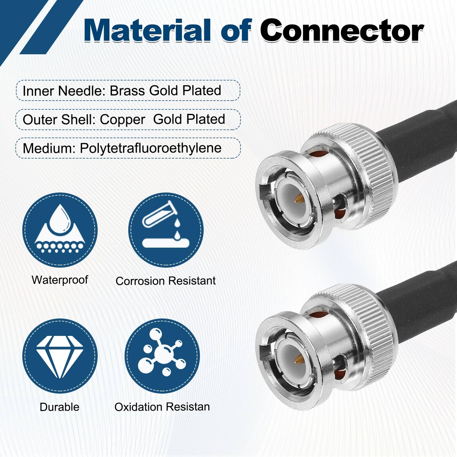 Material of Connector

- Inner Needle: Brass Gold Plated
- Outer Shell: Copper Gold Plated
- Medium: Polytetrafluoroethylene

- Waterproof
- Corrosion Resistant
- Durable
- Oxidation Resistant