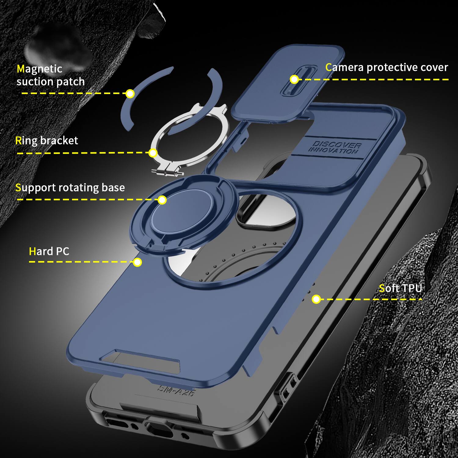 Magnetic suction patch  
Camera protective cover  
Ring bracket  
DISCOVER INNOVATION  
Support rotating base  
Hard PC  
Soft TPU  
SM-A26