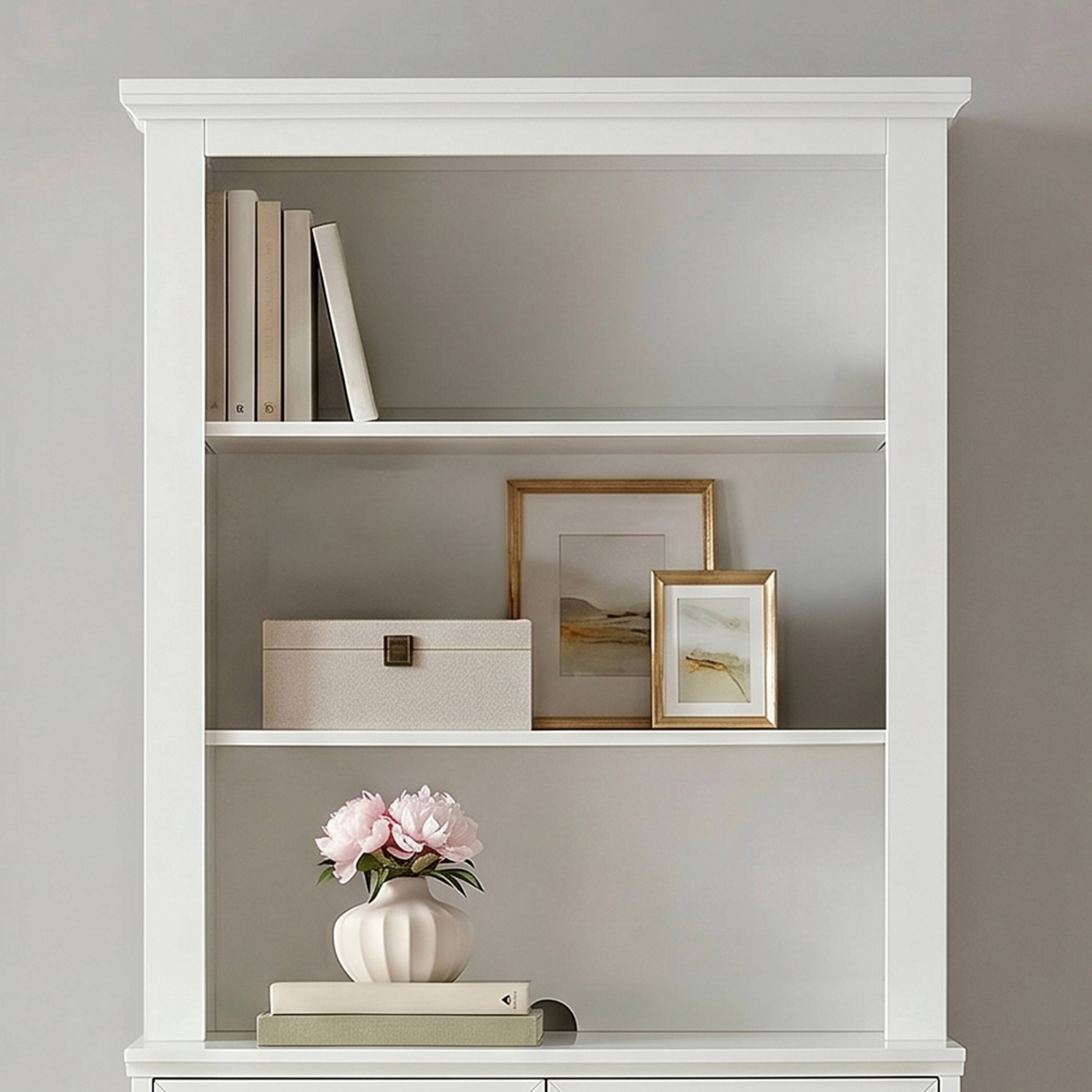 Alt View 1. Martha Stewart - Bedford Modular Wooden Hutch with 2 Fixed Storage Shelves, Solid Wood Frame and Rear Cable Management Opening - White Frame/Gold Hardware.