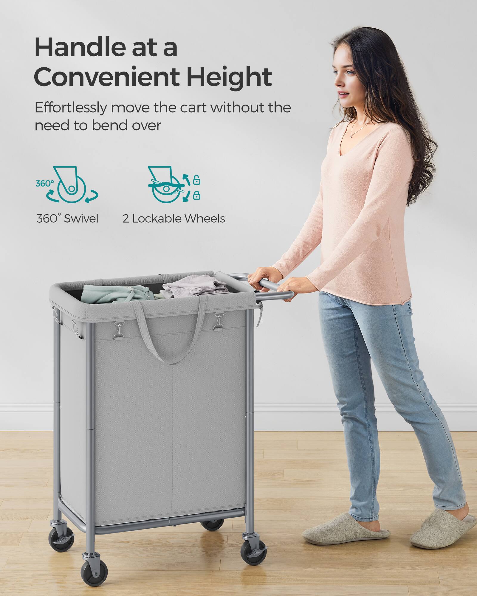 Handle at a Convenient Height

Effortlessly move the cart without the need to bend over

360° Swivel

2 Lockable Wheels