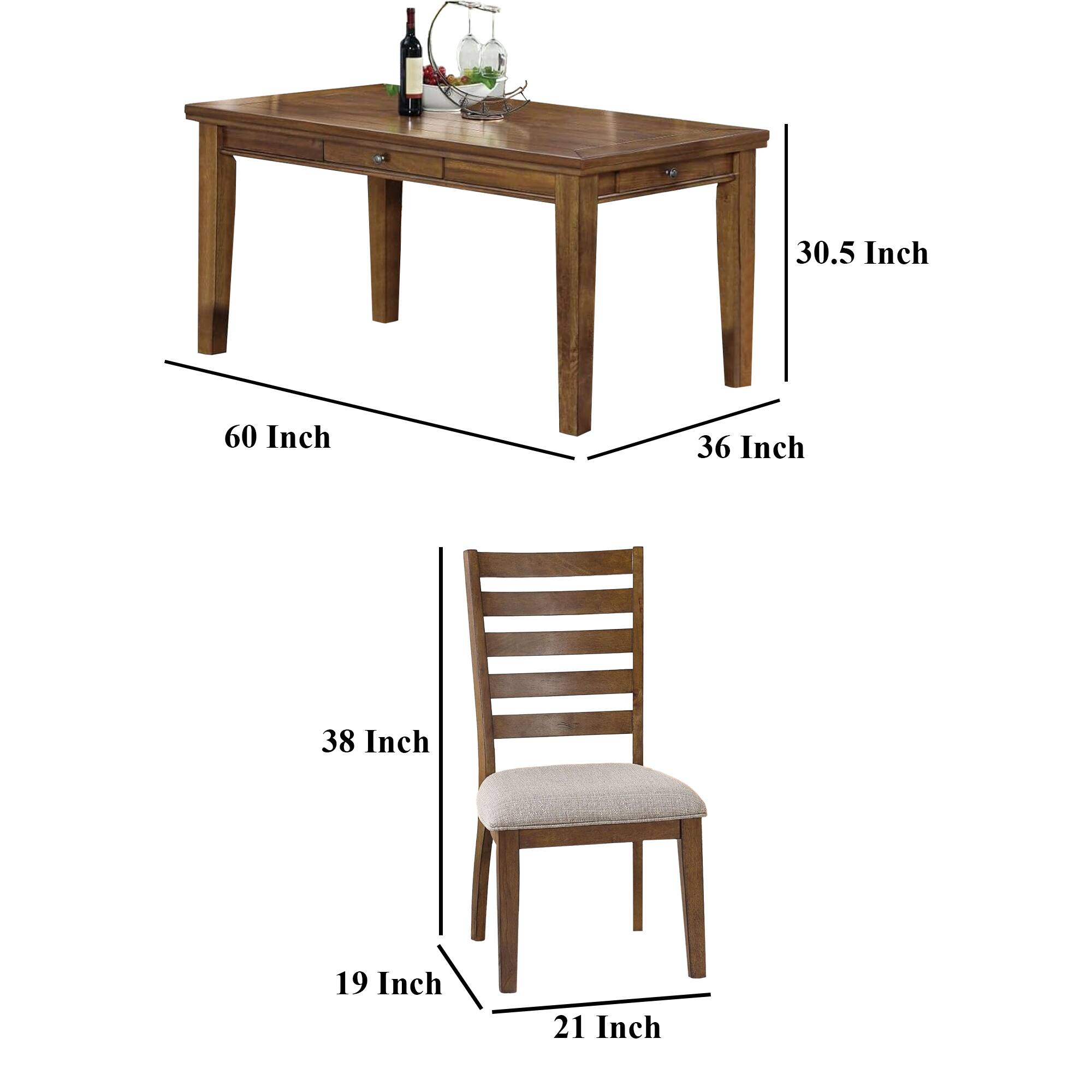 - Table: 60 Inch (length) x 36 Inch (width) x 30.5 Inch (height)
- Chair: 38 Inch (height) x 19 Inch (depth) x 21 Inch (width)