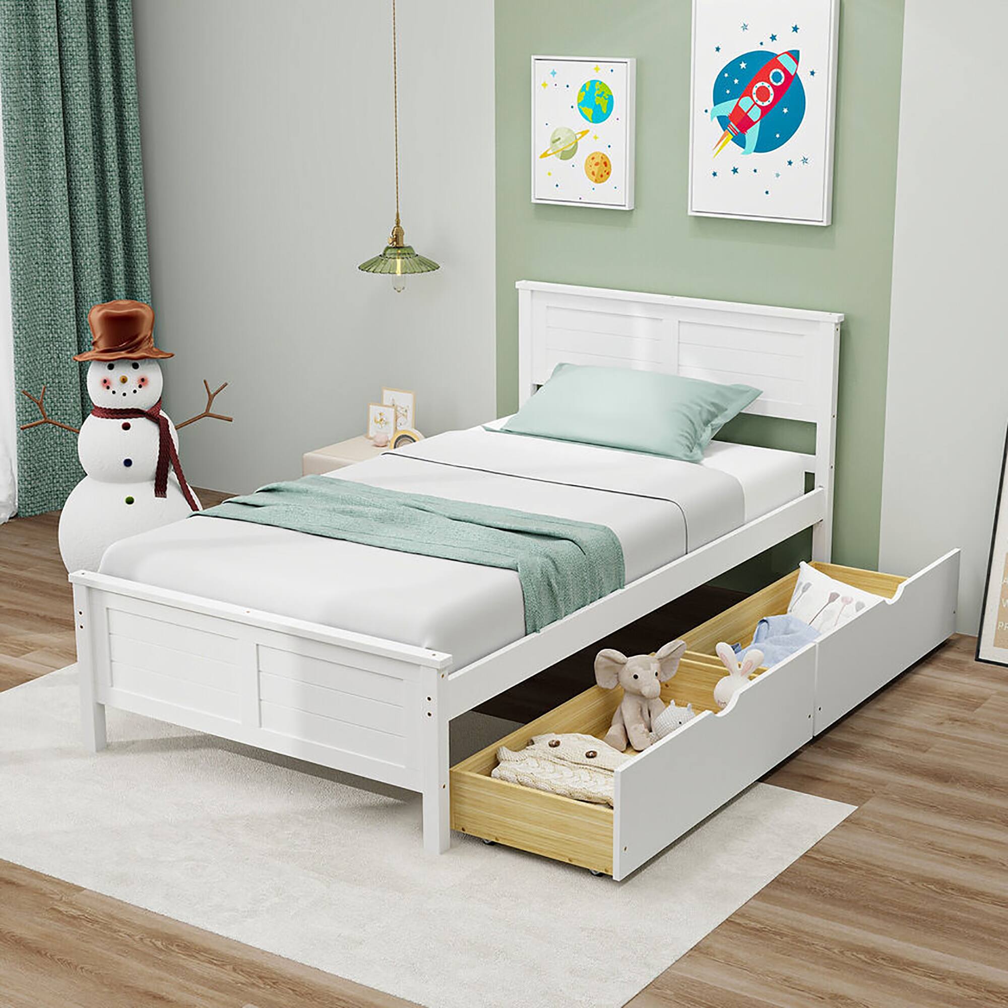 Alt View 3. Gymax - Gymax Twin Size Wooden Bed Frame w/ 2 Storage Drawers & Under-bed Storage White - White.