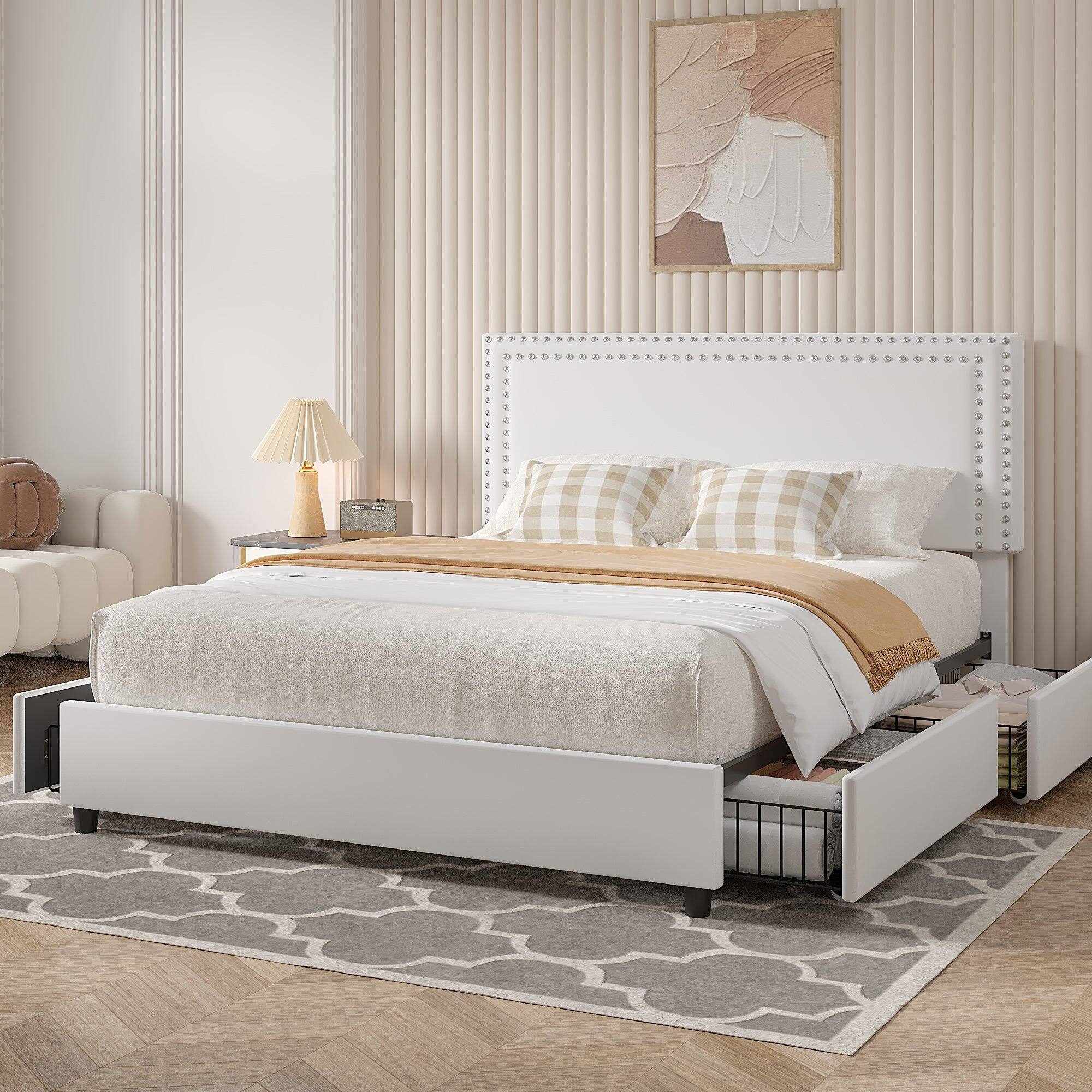 Alt View 3. Vecelo - Velvet Upholstered Queen Bed Frame with 4 Storage Drawers, Adjustable Headboard, Rivet Trim, No Box Spring Needed - White.