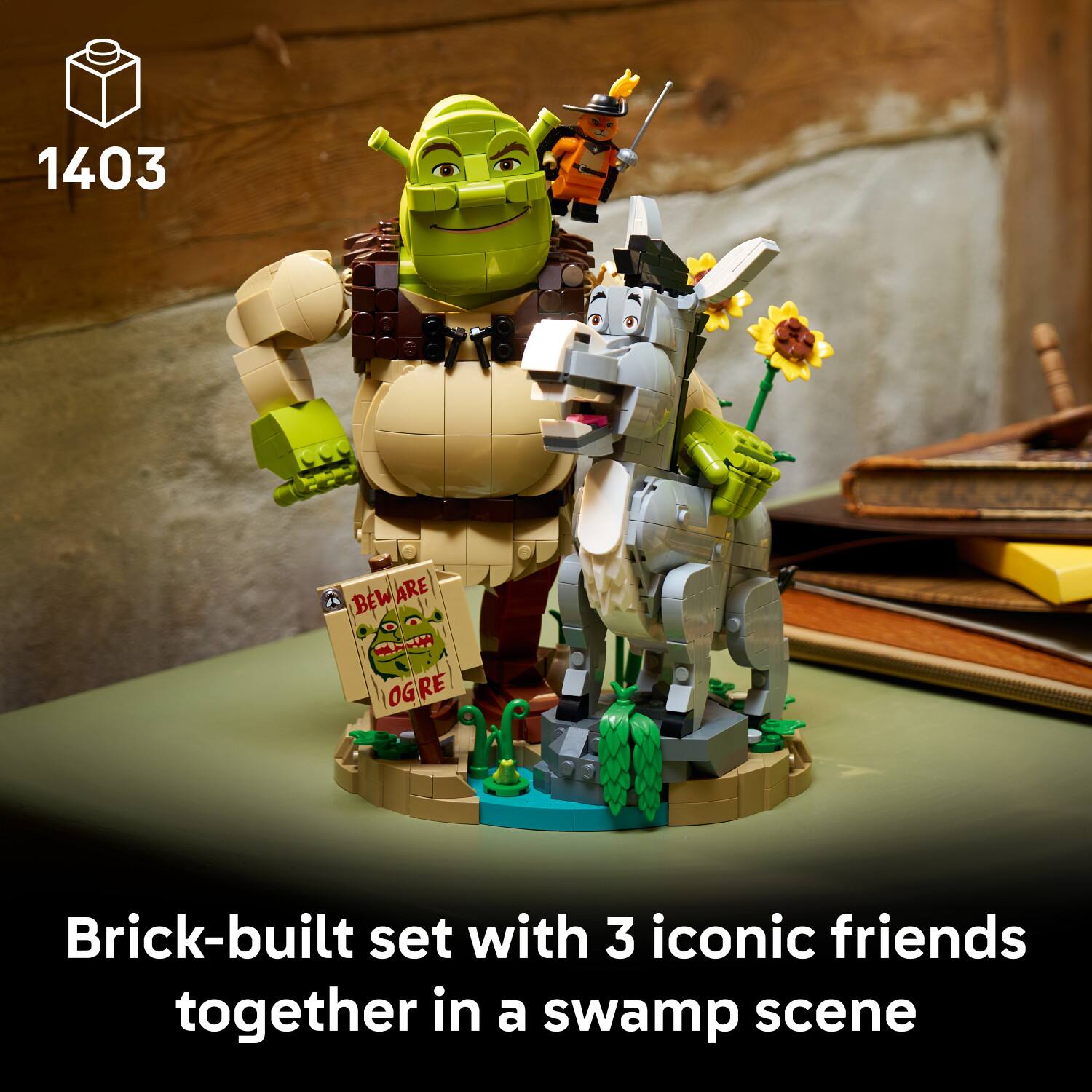 1403 BEWARE MANCE PAN C OGRE OG

Brick-built set with 3 iconic friends together in a swamp scene
