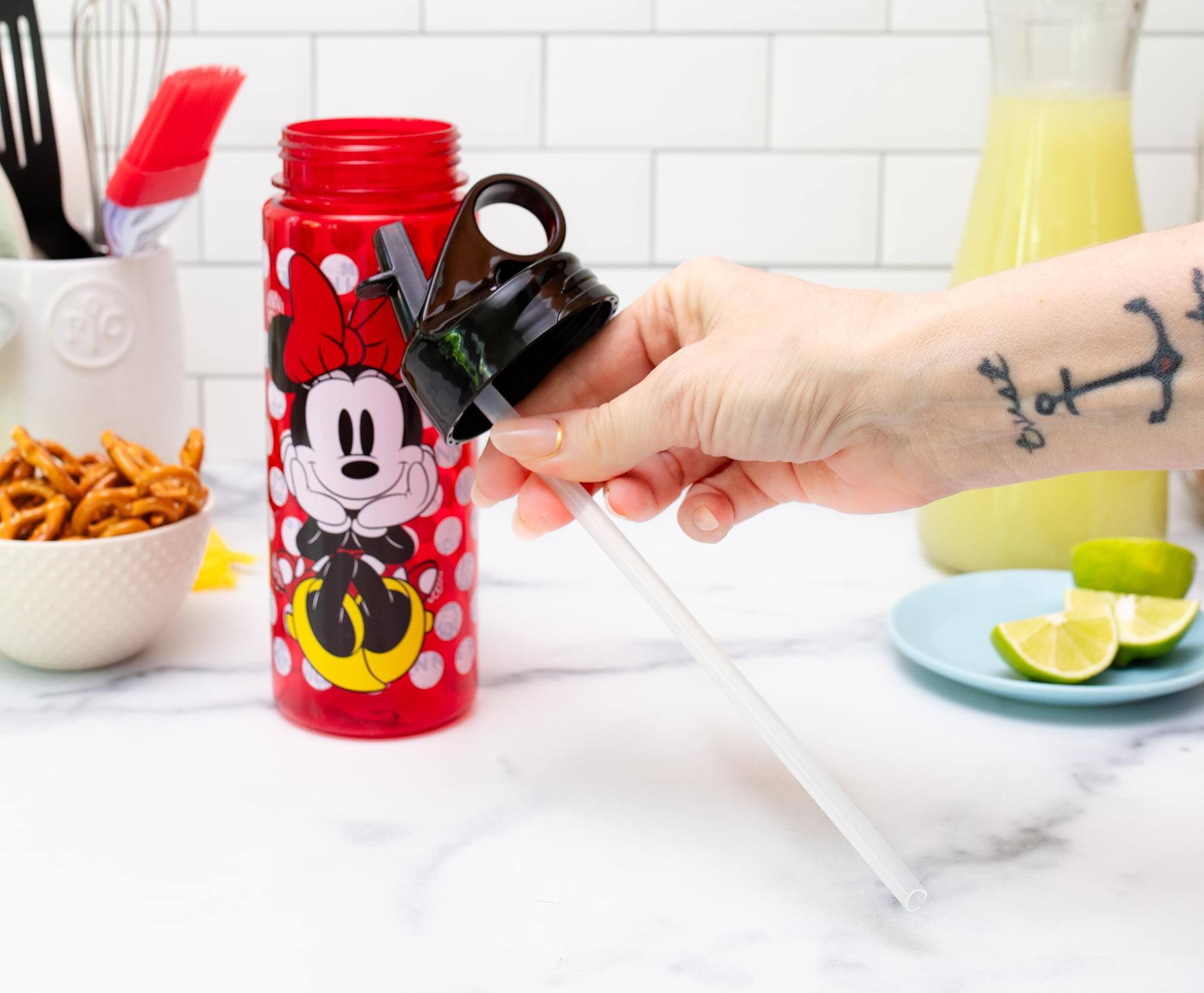 Alt View 4. Disney - Disney Minnie Mouse Water Bottle With Flip-Up Straw | Holds 20 Ounces - Red.
