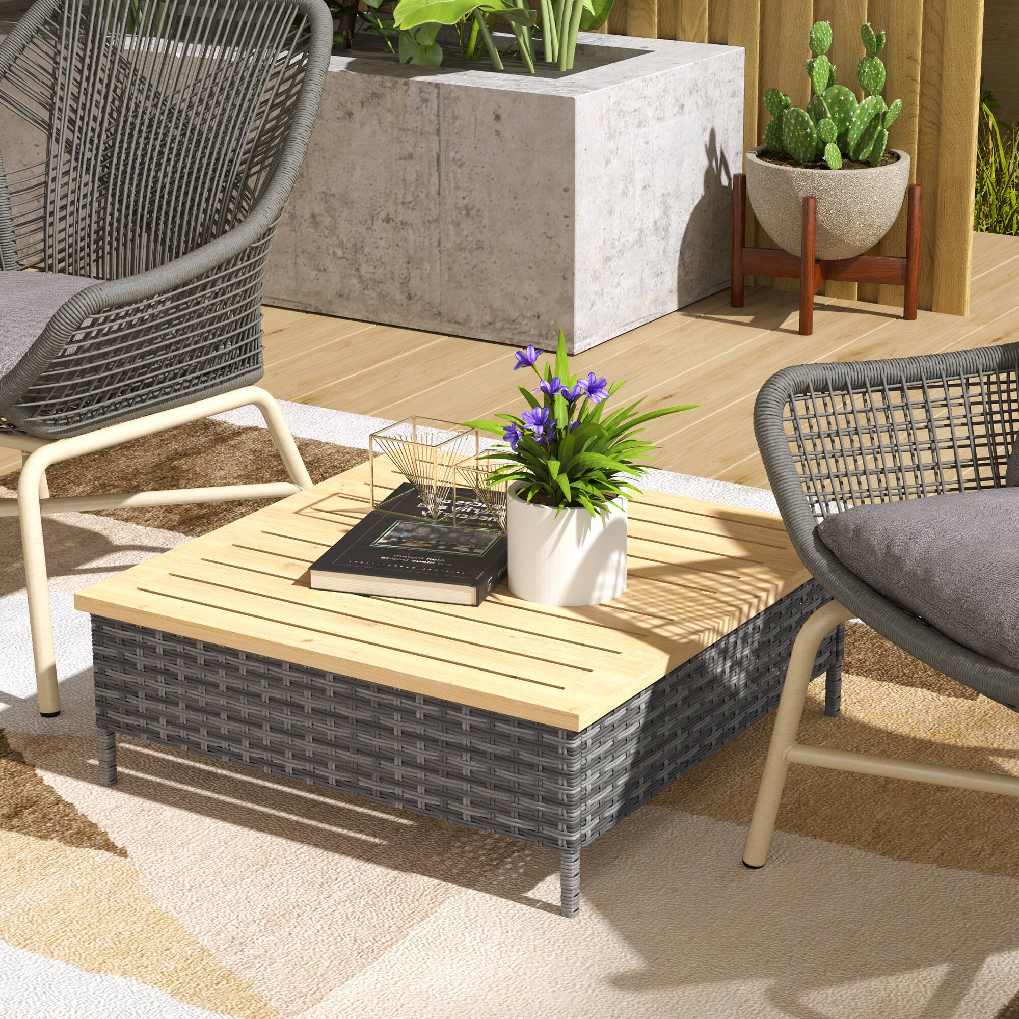 Alt View 1. Outsunny - Outdoor Side Table with PE Rattan, Patio End Table with Natural Fir Wood Top, Weather Resistant Accent Table - Gray.