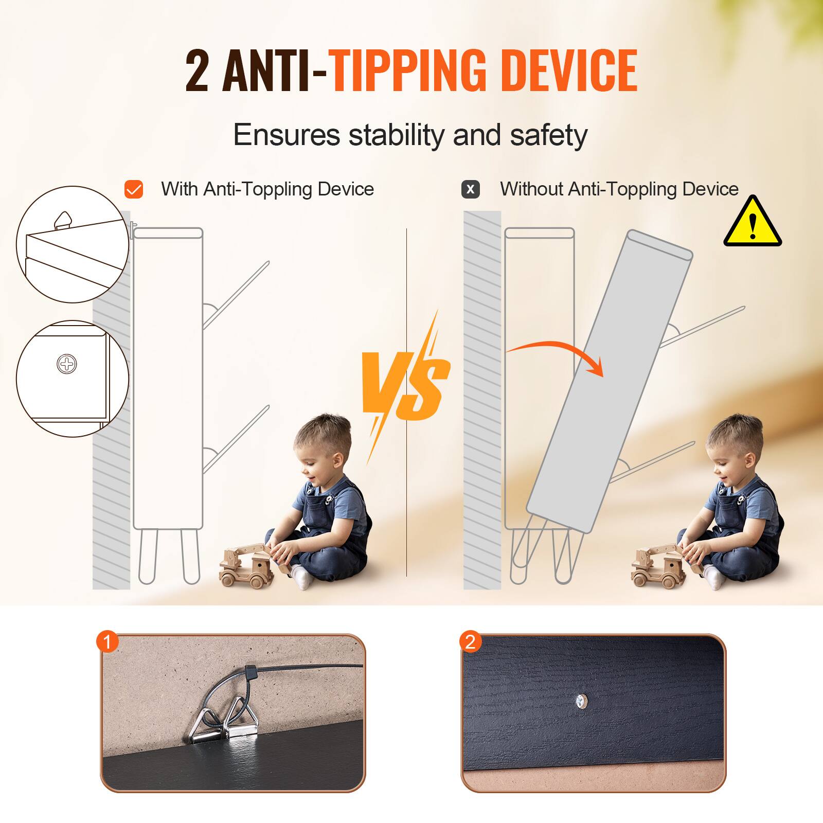 2 ANTI-TIPPING DEVICE  
Ensures stability and safety  

With Anti-Topping Device  
VS  
Without Anti-Topping Device  

1  
2