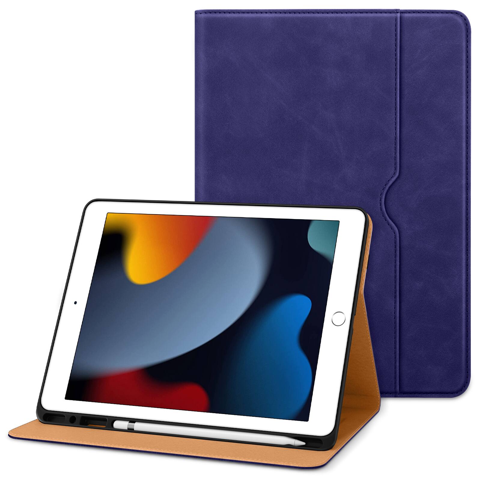 Front. DTTO - ​Case for iPad 9th/8th/7th Generation 10.2 Inch 2021/2020/2019, Premium Leather Folio Stand - Auto Wake/Sleep - Dark Blue.