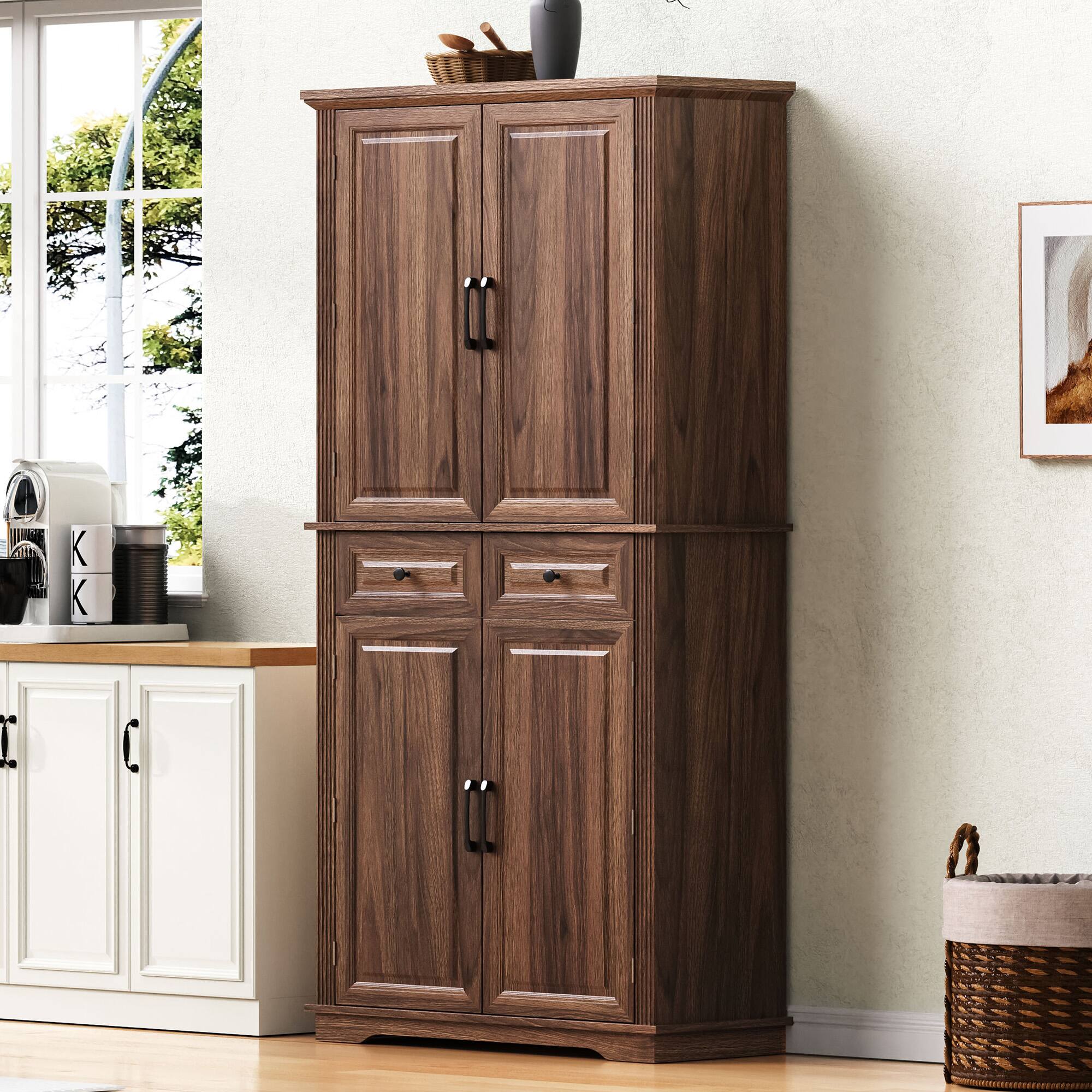 Angle. Dexmalle - Dexmalle-71" Tall Farmhouse Freestanding Kitchen Cabinet with 3 Pull Out Cabinet-Brown - Brown.