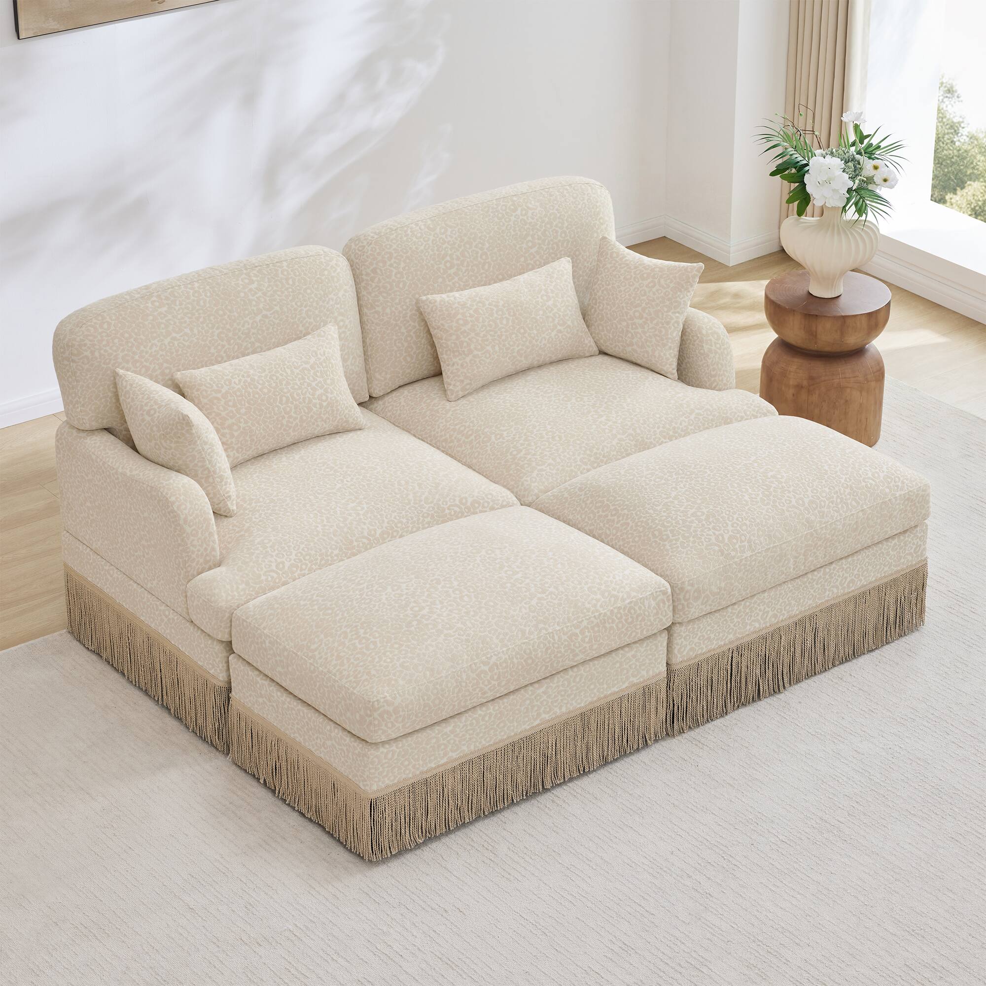 Alt View 2. Anysun - Modular Comfy Leopard Printing Loveseat with Exquisite Tassel Trimmings and 2 Movable Ottomans - Beige.