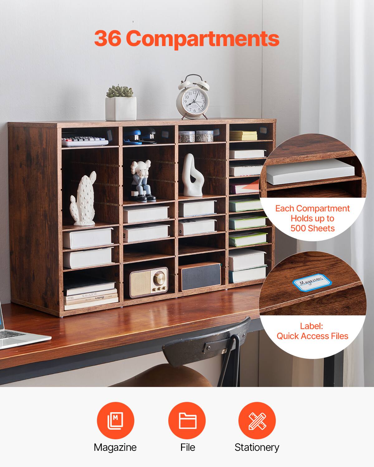 36 Compartments

Each Compartment Holds up to 500 Sheets

Label: Quick Access Files

Magazine
File
Stationery