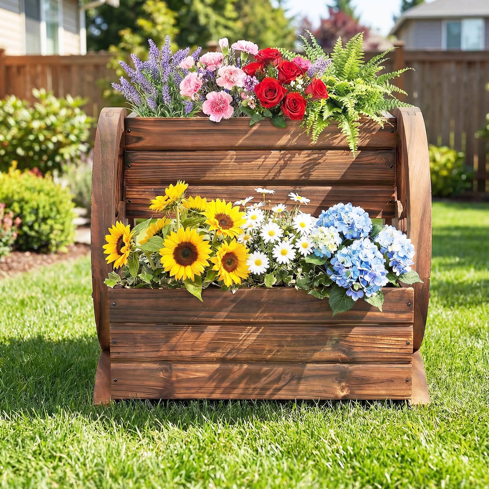 Alt View 4. Costway - Costway 1 PCS 2-Tier Rustic Wagon Planter Box with Drainage Holes&Wheels for Patio Balcony Garden - Coffee.