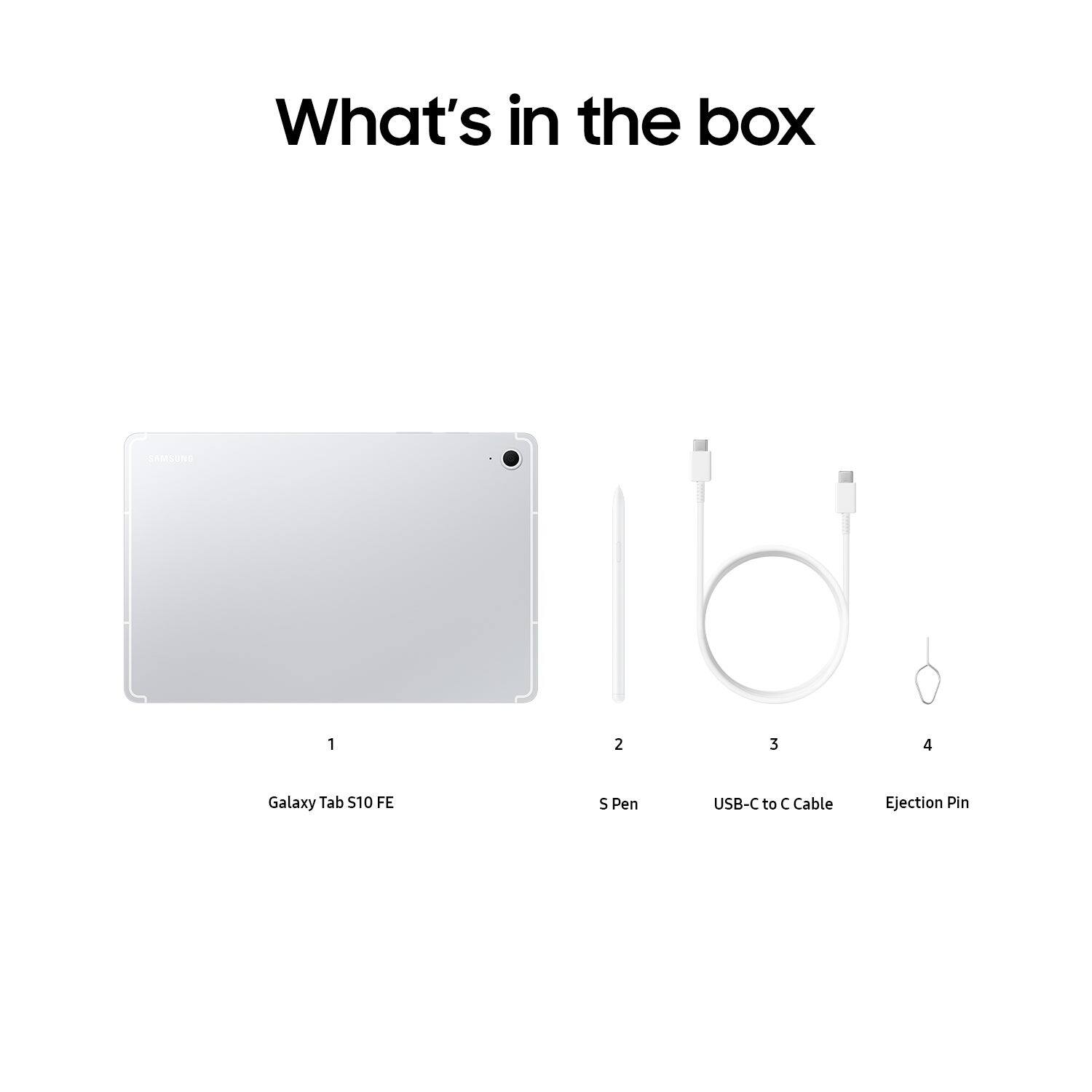 What's in the box: 1. Galaxy Tab S 10.5, 2. S Pen, 3. USB-C to C Cable, 4. Ejection Pin.