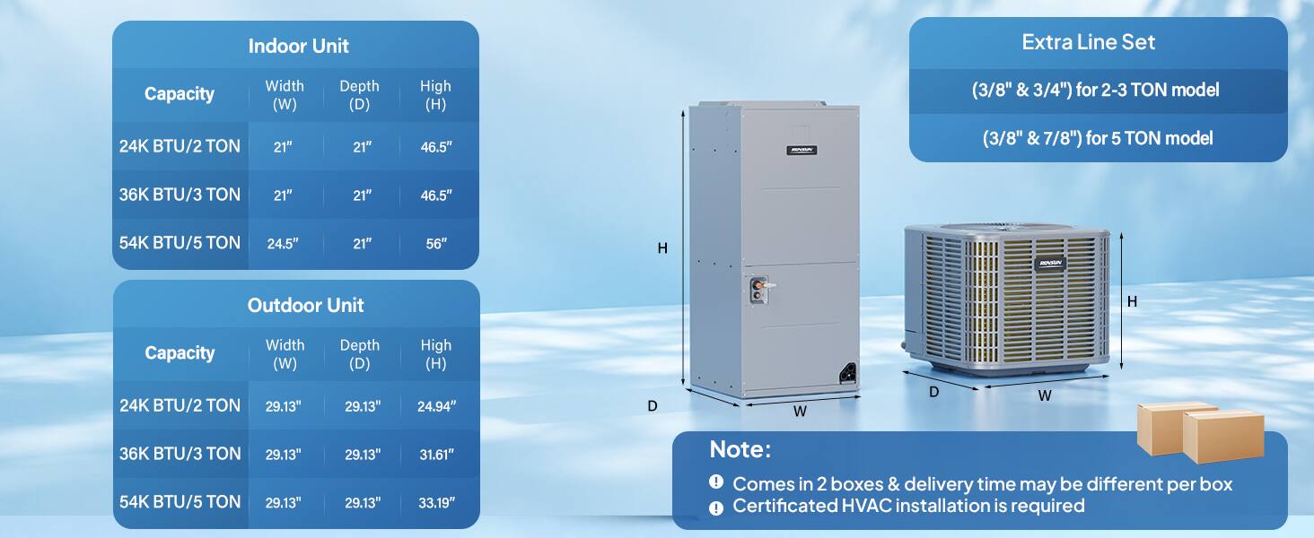 Indoor Unit
Extra Line Set
Capacity 24K BTU/2 TON
Width (W) 21"
Depth (D) 21"
Height (H) 46.5"
(3/8" & 3/4") for 2-3 TON model (3/8" & 7/8") for 5 TON model
36K BTU/3 TON
21"
21"
46.5"
54K BTU/5 TON
24.5"
21"
56"

Outdoor Unit
Capacity
Width (W)
Depth (D)
Height (H)
24K BTU/2 TON
29.13"
29.13"
24.94"
36K BTU/3 TON
29.13"
29.13"
31.61"
54K BTU/5 TON
29.13"
29.13"
33.19"

Note:
- Comes in 2 boxes & delivery time may be different per box
- Certified HVAC installation is required