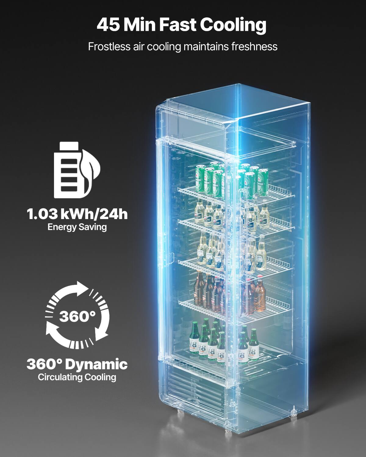 45 Min Fast Cooling Frostless air cooling maintains freshness

1.03 kWh/24h Energy Saving

360° Dynamic Circulating Cooling