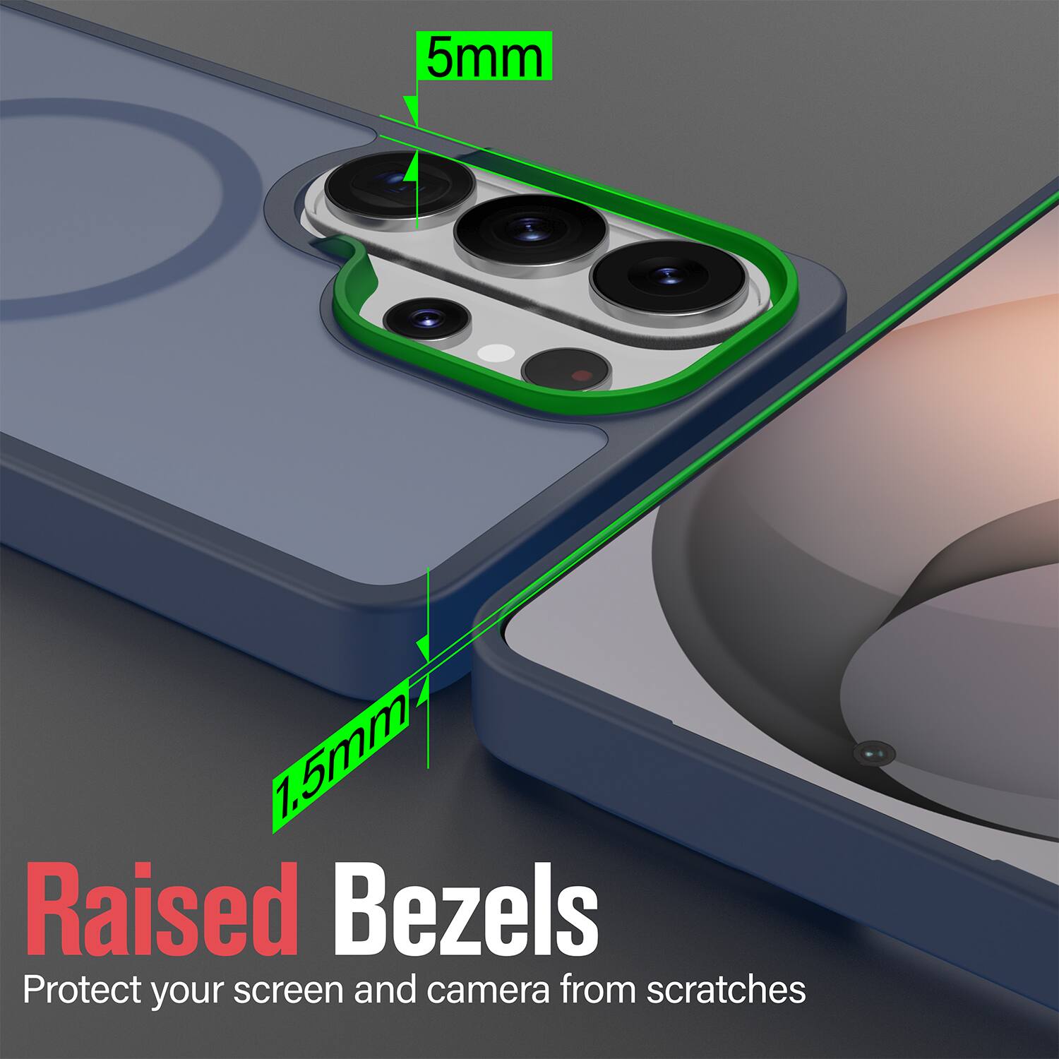 5mm 1.5mm Raised Bezels  
Protect your screen and camera from scratches