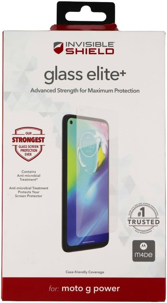 "Invisible Shield Glass Elite+ Advanced Strength for Maximum Protection. Our strongest glass screen protection ever. Contains Anti-microbial Treatment. Protects Your Screen Protector. 00015.000 OVER #1 PROTECTORS. Trusted and Sold Worldwide. Made for moto g power."