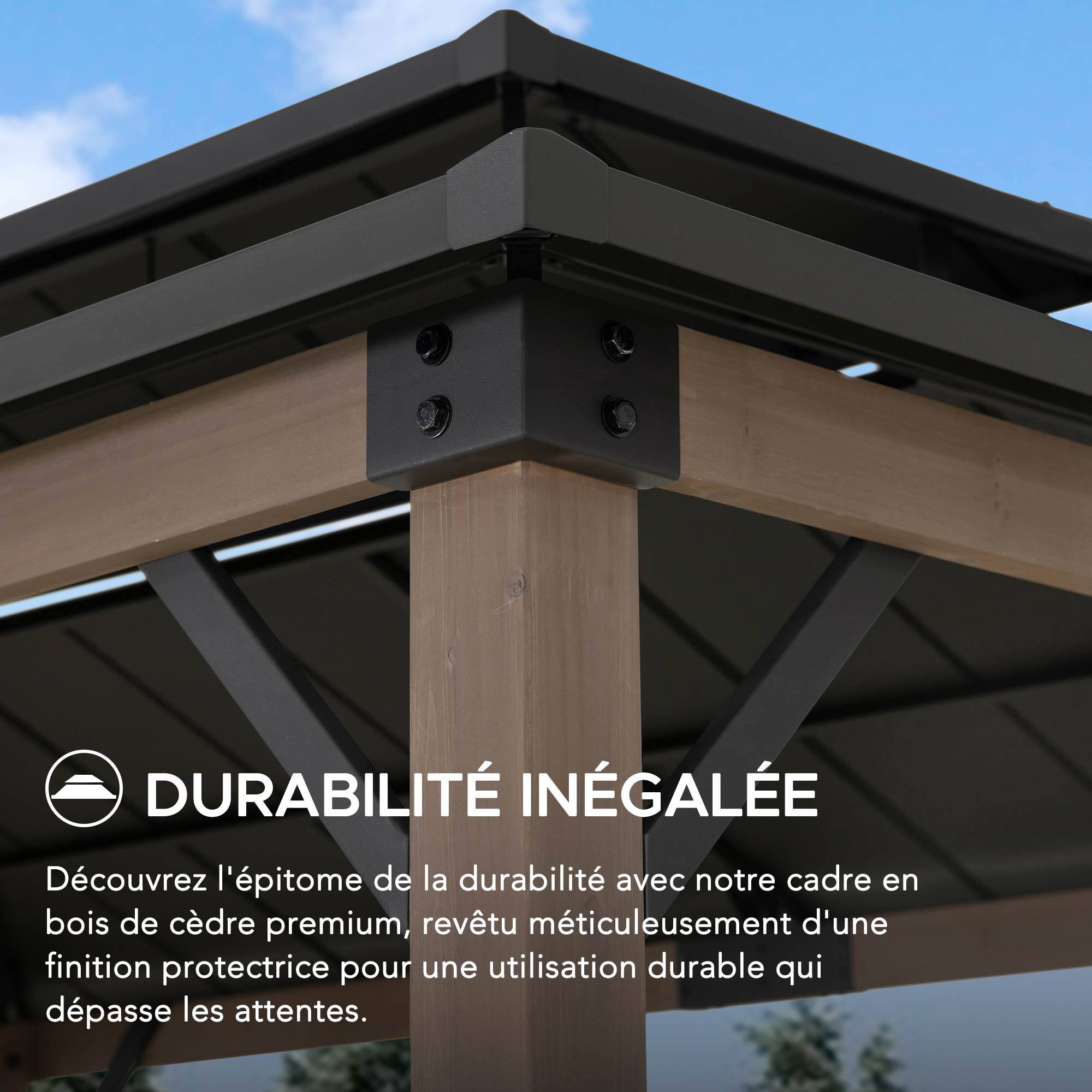DURABILITÉ INÉGALÉE

Découvrez l'épithome de la durabilité avec notre cadre en bois de cèdre premium, revêtu méticuleusement d'une finition protectrice pour une utilisation durable qui dépasse les attentes.