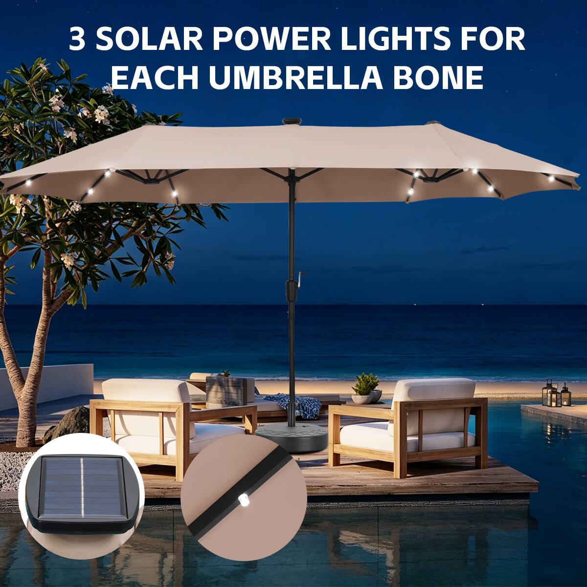 3 SOLAR POWER LIGHTS FOR EACH UMBRELLA BONE