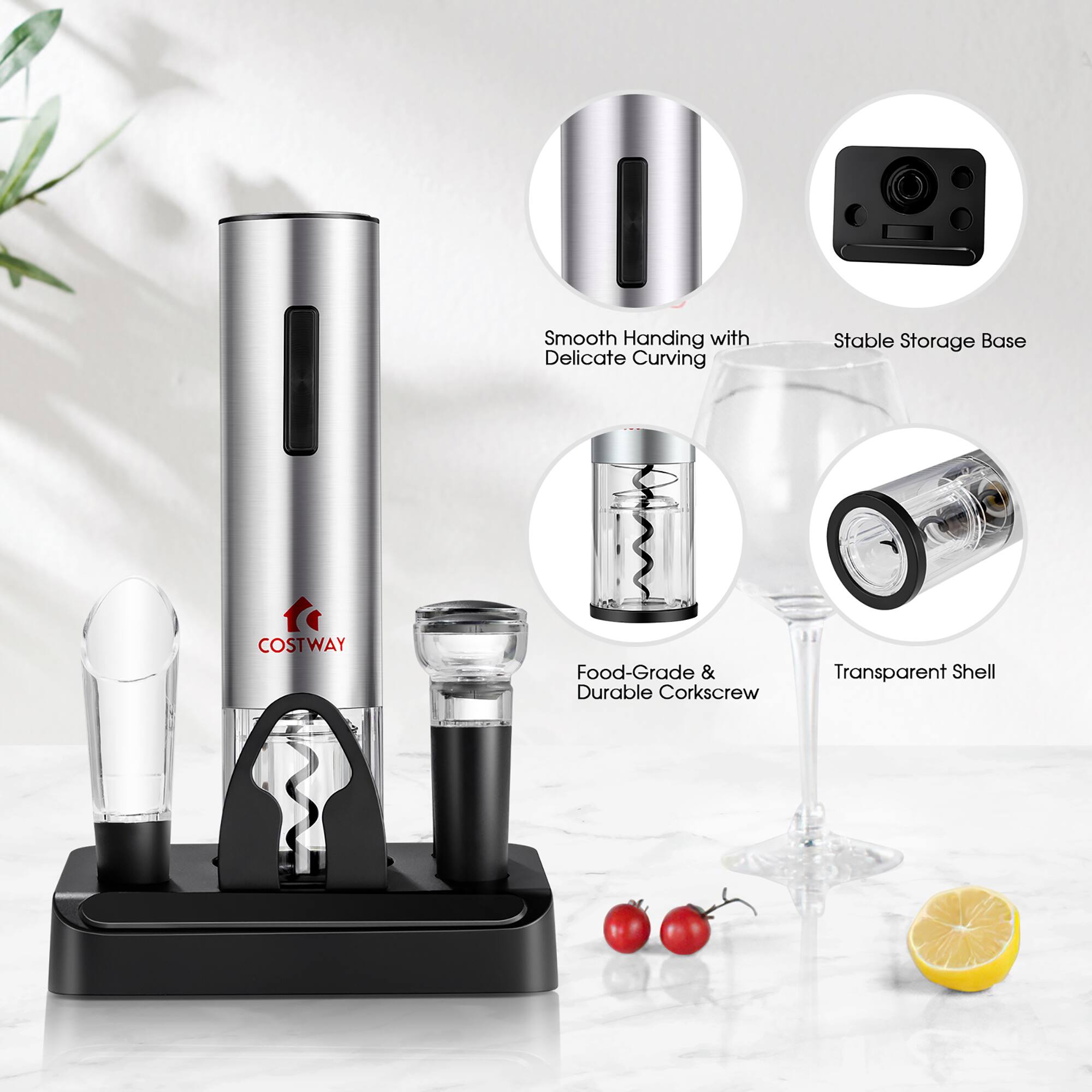 The image features a Costway wine opener and corkscrew, which is designed for smooth handling and delicate curving. The product comes with a stable storage base, ensuring that it remains securely in place when not in use. The corkscrew is made of food-grade and durable materials, ensuring that it is safe to use and long-lasting. Additionally, the corkscrew comes with a transparent shell, which allows for easy identification of the corkscrew's position within the wine bottle.