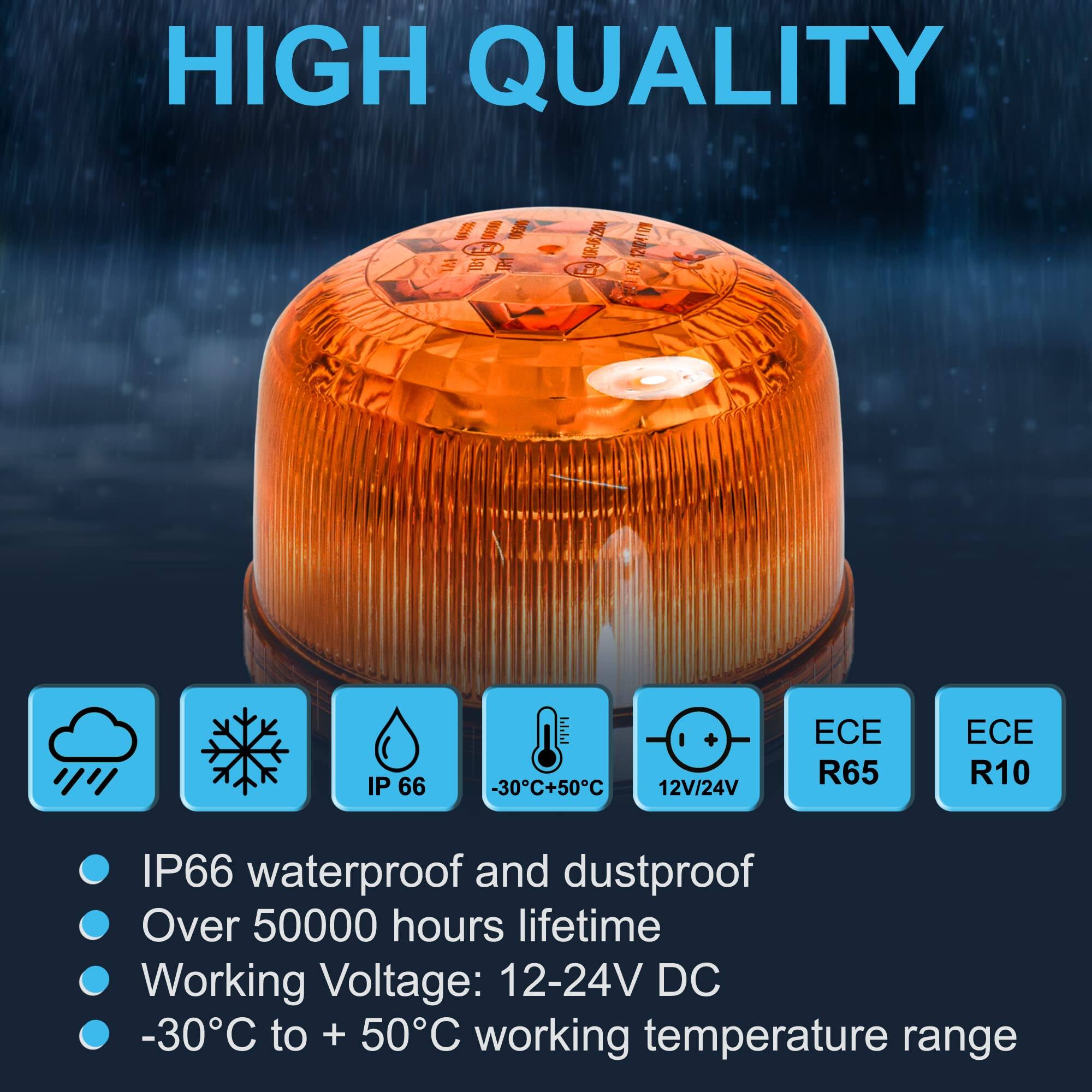 HIGH QUALITY

- IP66 waterproof and dustproof
- Over 50000 hours lifetime
- Working Voltage: 12-24V DC
- -30°C to +50°C working temperature range

ECE R65
ECE R10