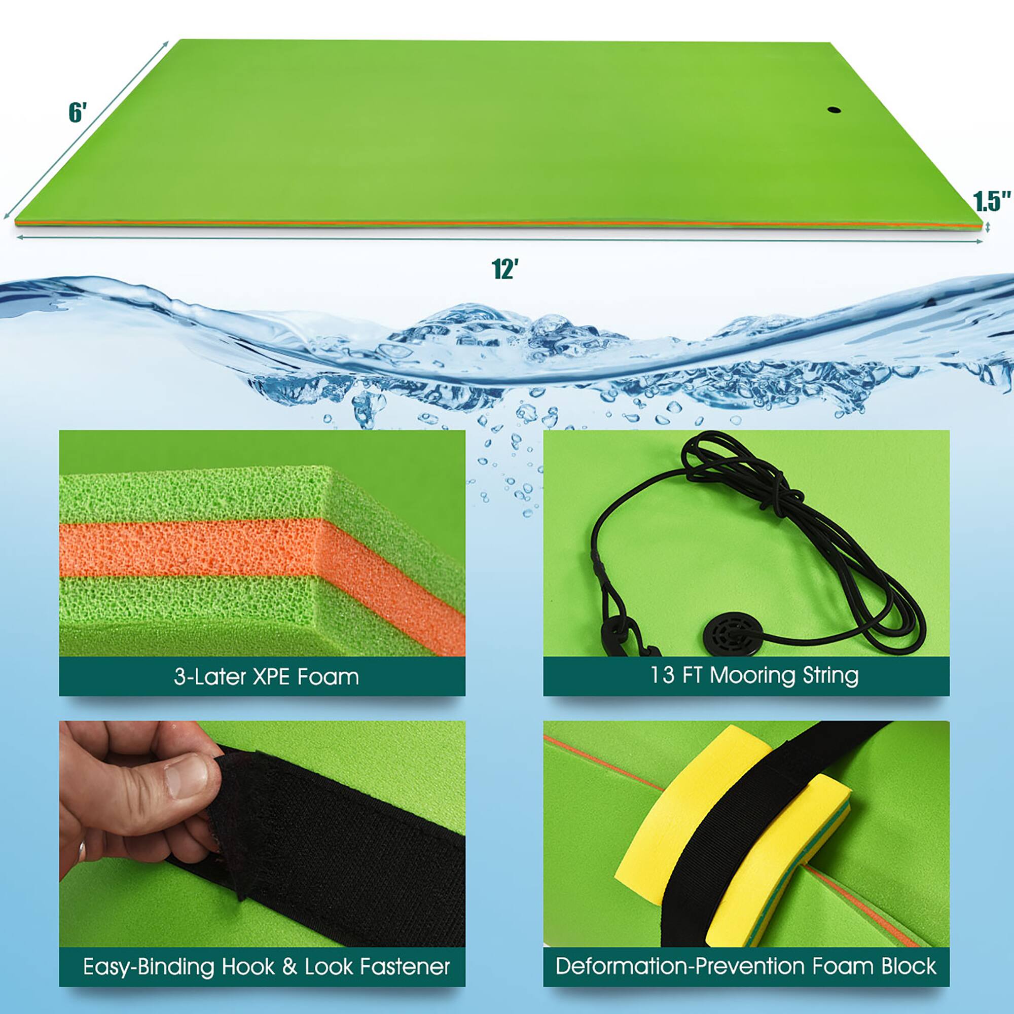 6' 1.5" 12' 3-Layer XPE Foam 13 FT Mooring String Easy-Binding Hook & Loop Fastener Deformation-Prevention Foam Block