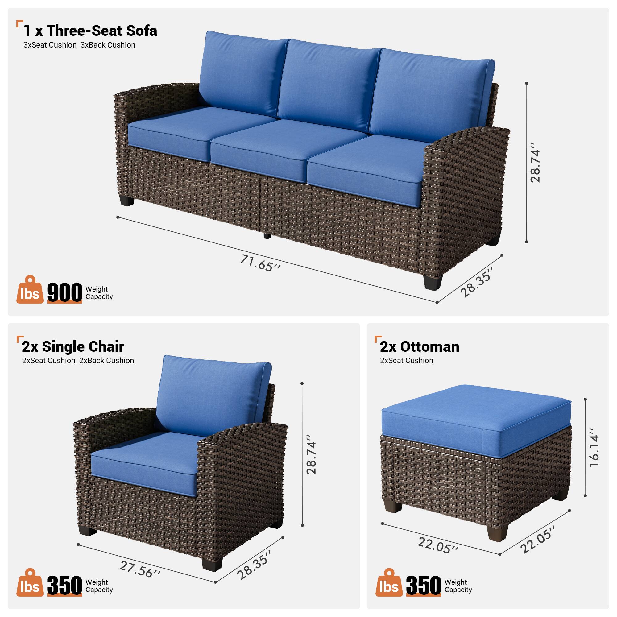 1 x Three-Seat Sofa  
3x Seat Cushion  
3x Back Cushion  
28.74"  
71.65"  
28.35"  
900 lbs Weight Capacity  

2x Single Chair  
2x Seat Cushion  
2x Back Cushion  
27.56"  
28.35"  
350 lbs Weight Capacity  

2x Ottoman  
2x Seat Cushion  
16.14"  
22.05"  
22.05"  
350 lbs Weight Capacity