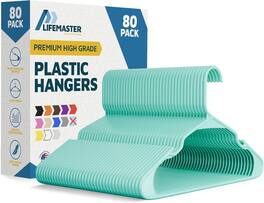 Lifemaster - Plastic Hangers – Heavy Duty, Non-Slip, Space-Saving, Holds 5 lbs, for Clothes, Dresses & Coats, Pack of 80 - Aqua