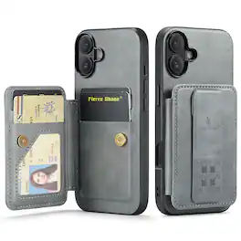 Dteck - for Apple iPhone 16 Plus Wallet Case,Vintage PU Leather Shockproof Cover with RFID Flip Card Holder & Finger Clip - Gray