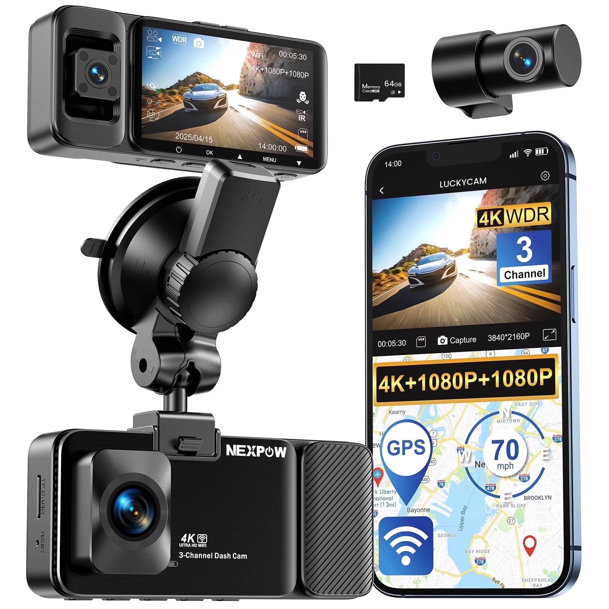 NEXPOW - 3 Channel 5G WiFi Dash Cam Front Rear Cabin, 4K+1080P+1080P GPS Dash Camera for Car with 64GB Card,WDR Night Vision,24H