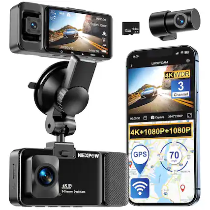 Sure, here is the corrected and grouped text from the image:
---
**Dash Cam Specifications:**
- **Model:** NEXPOW 3-Channel Dash Cam
- **Resolution:** 4K Ultra HD
- **WDR:** 1080P + 1080P
- **Memory:** 64GB
- **Date:** 2025/04/15
- **Time:** 14:00:00
- **GPS:** 70 mph
- **Channels:** 3
- **Capture Resolution:** 3840x2160P (4K) + 1080P + 1080P
- **Features:** WiFi, GPS, 3-Channel Dash Cam
**Additional Information:**
- **Menu Options:** OK, MENU
- **IR:** 2025/04/15
- **Capture Time:** 00:05:30
- **Location:** Kearny, Midtown, East Side, Brooklyn, Bayonne, Upper Bay, George Washington Bridge, Bay Ridge, Sheepshead Bay
- **Speed:** 70 mph