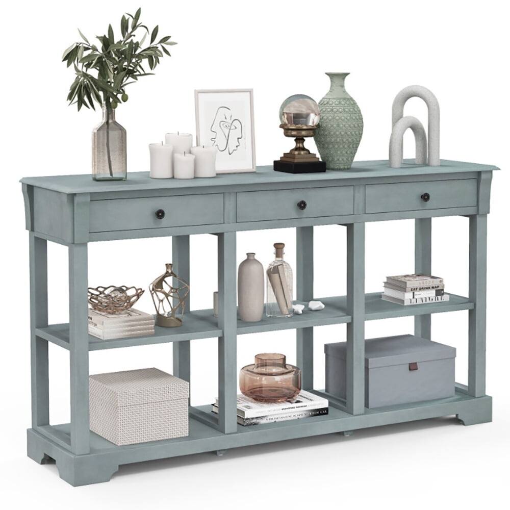 Back. Kadyn - 58 Inch Retro Console Table with 3 Drawers and Open Shelves Rectangular Entryway Table-Blue, Narrow Console Table - Blue.