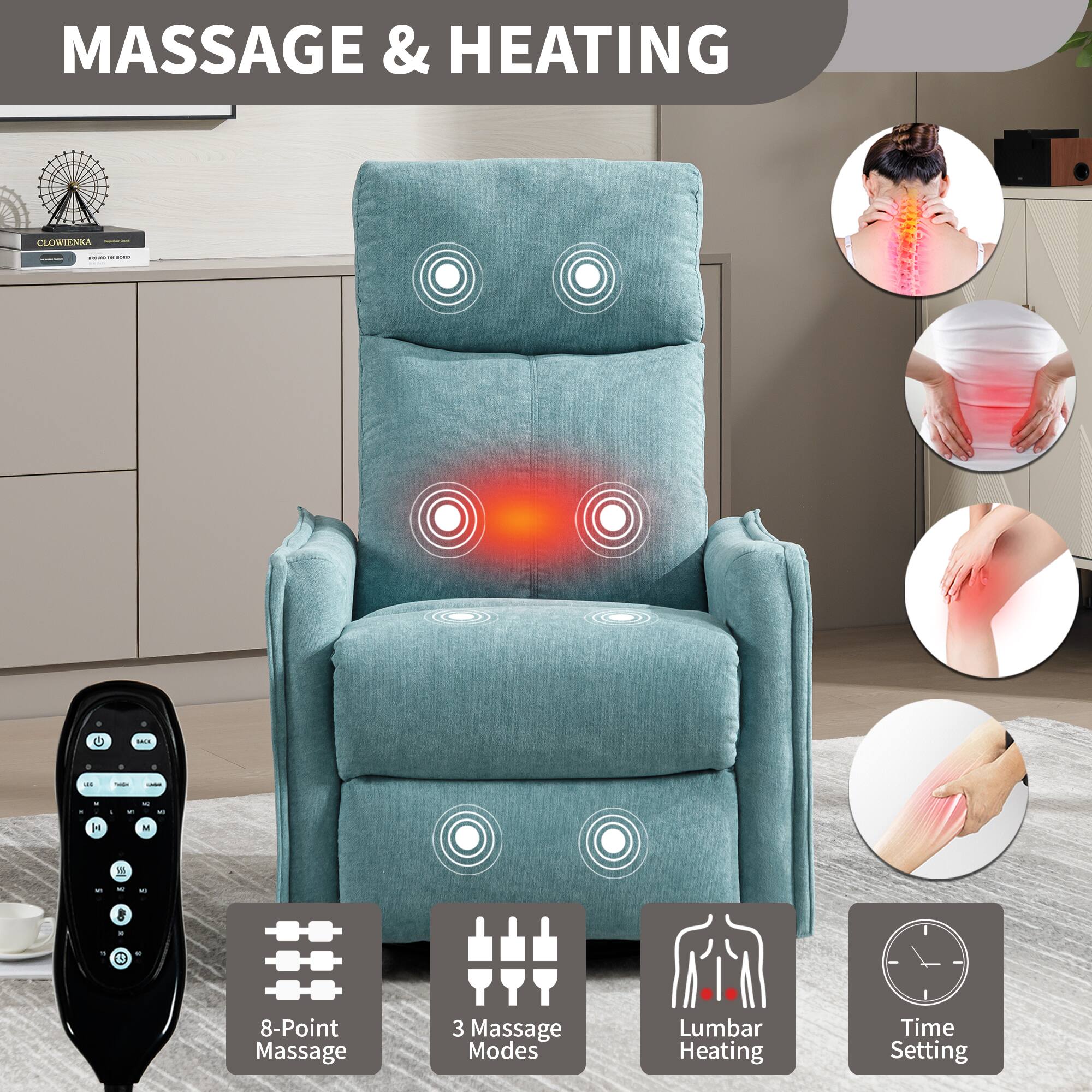 MASSAGE & HEATING

8-Point Massage  
3 Massage Modes  
Lumbar Heating  
Time Setting