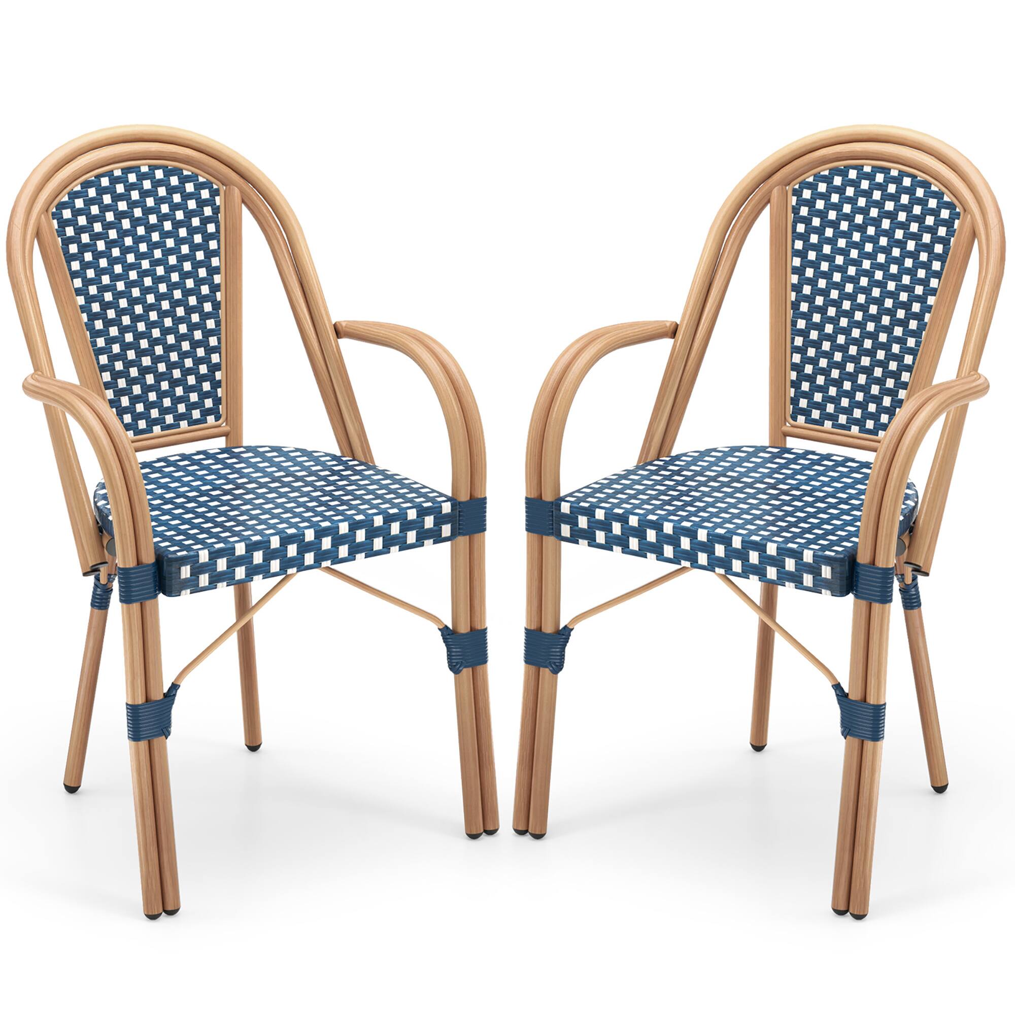 Alt View 6. Gymax - Gymax Outdoor French Bistro Chairs 2 PCS w/ Armrests Galvanized Metal Frame Blue & White - Blue, White.
