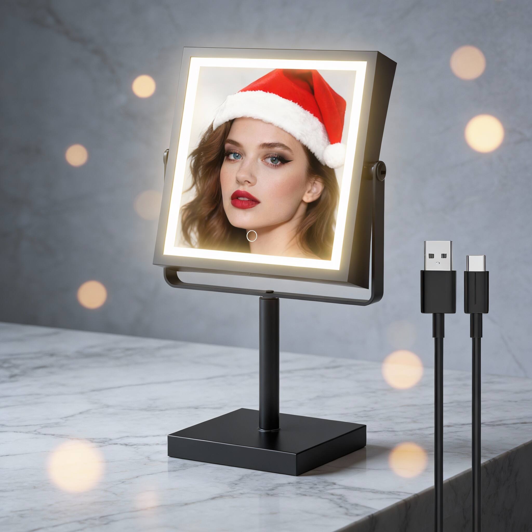 Back. PO3TICJUNKI3 - 4000mAh Rechargeable Vanity Mirror, 1X/10X Magnifying, 3-Color Dimmable Lights, Height-Adjustable, 360° Rotation - Brushed Nickel.