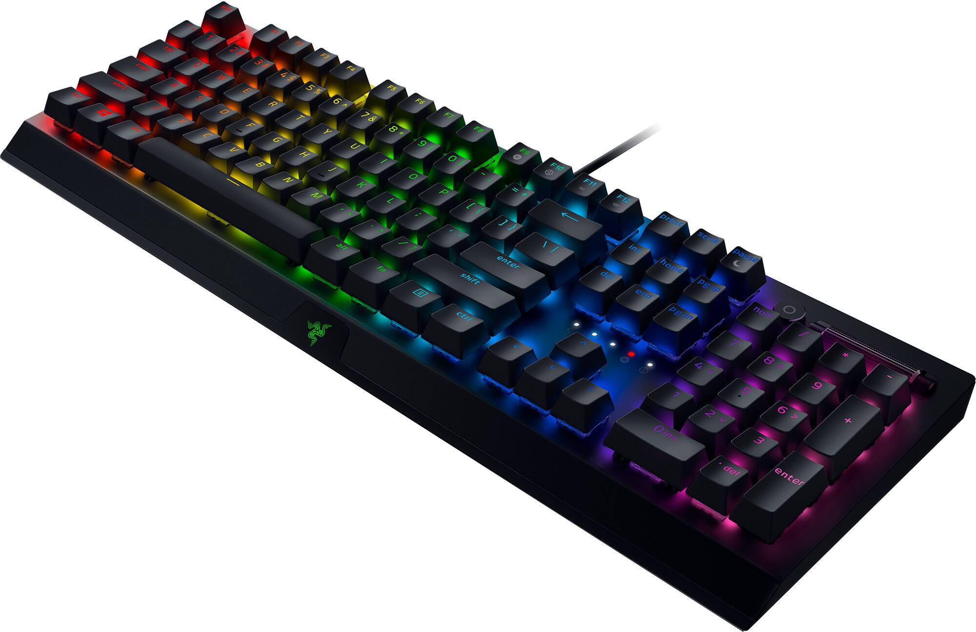 Angle. Razer - Blackwidow V3 Full Size Wired Mechanical Green Clicky Tactile Switch Gaming Keyboard with Chroma RGB Backlighting - Black.
