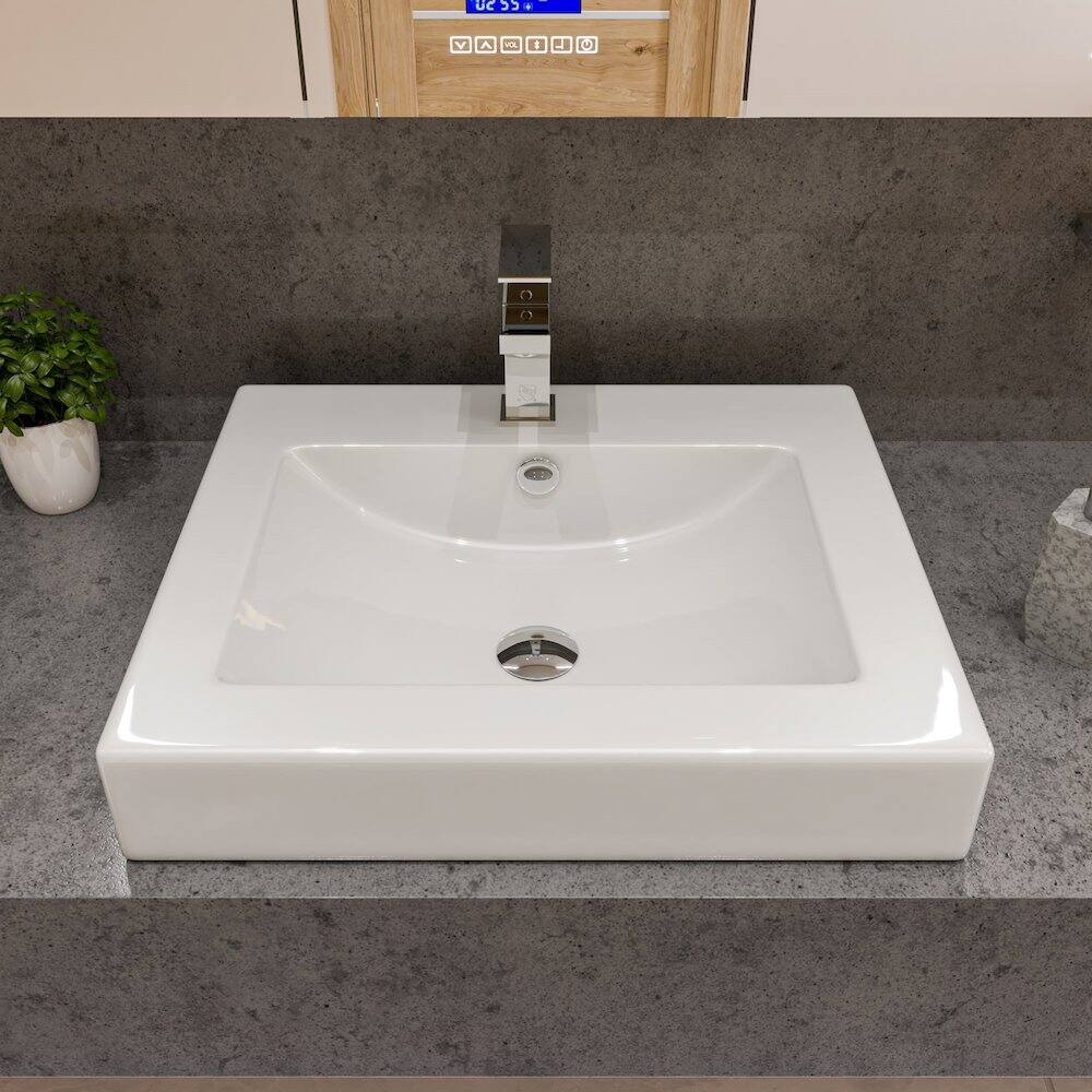 Left. Alfi - White 24" Rectangular Semi Recessed Ceramic Sink with Faucet Hole - White.