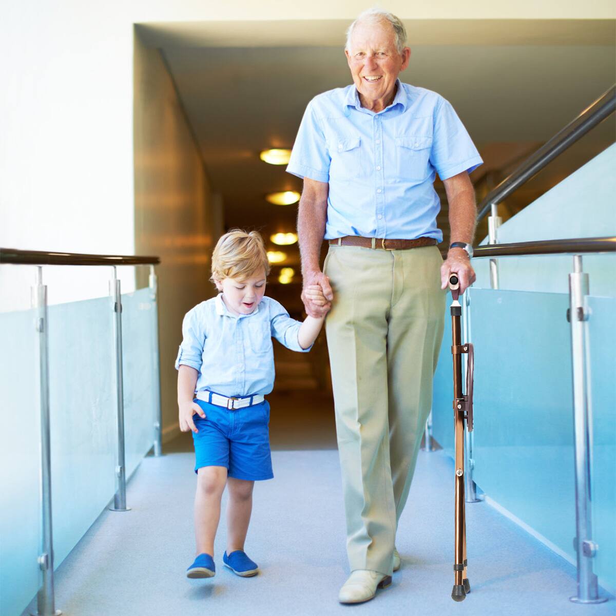 Alt View 3. GOPLUS - Goplus Outdoor Occasion Adjustable Large Folding Cane Seat Aluminum Alloy Crutch Chair - Coffee.