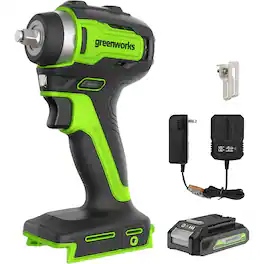 Greenworks - 24V 3/8" Brushless Cordless Impact Wrench, 2.0Ah Battery & Compact Charger 3808102 - Green