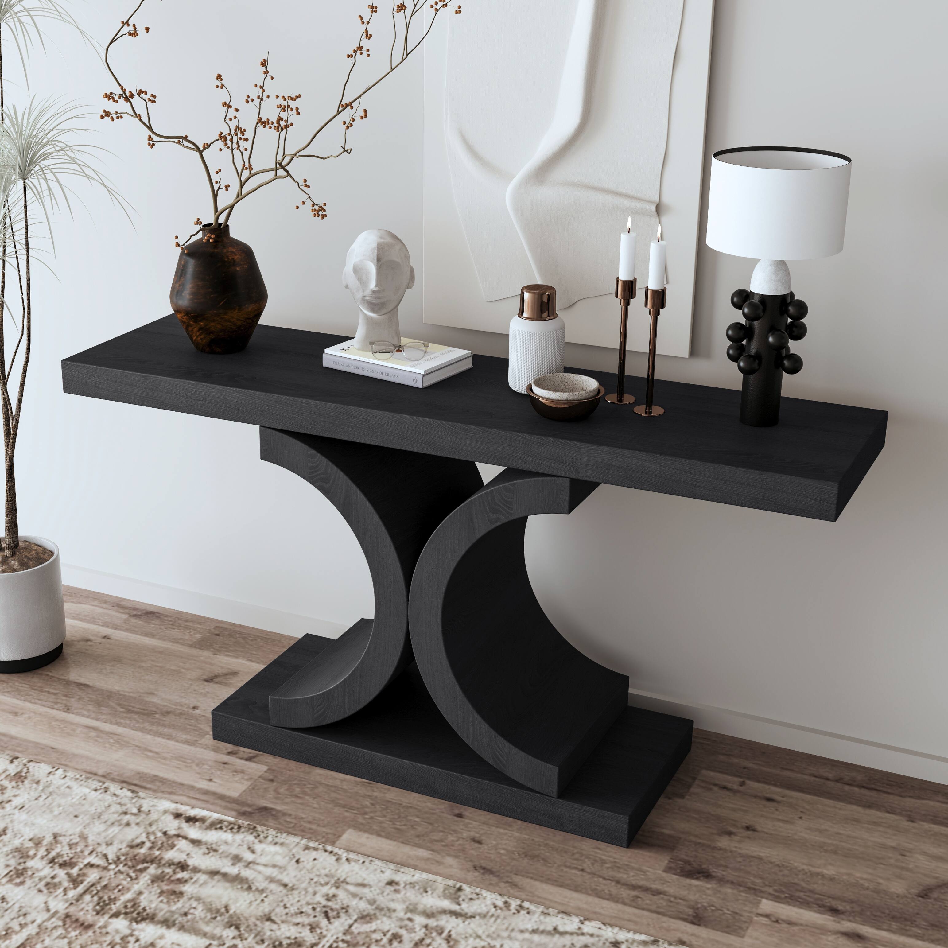 Left. Loheer - Loheer Black Console Table, 60 Inch Modern Narrow Sofa Table with Sculptural Curved Base, Black Oak Entryway Table - Black.
