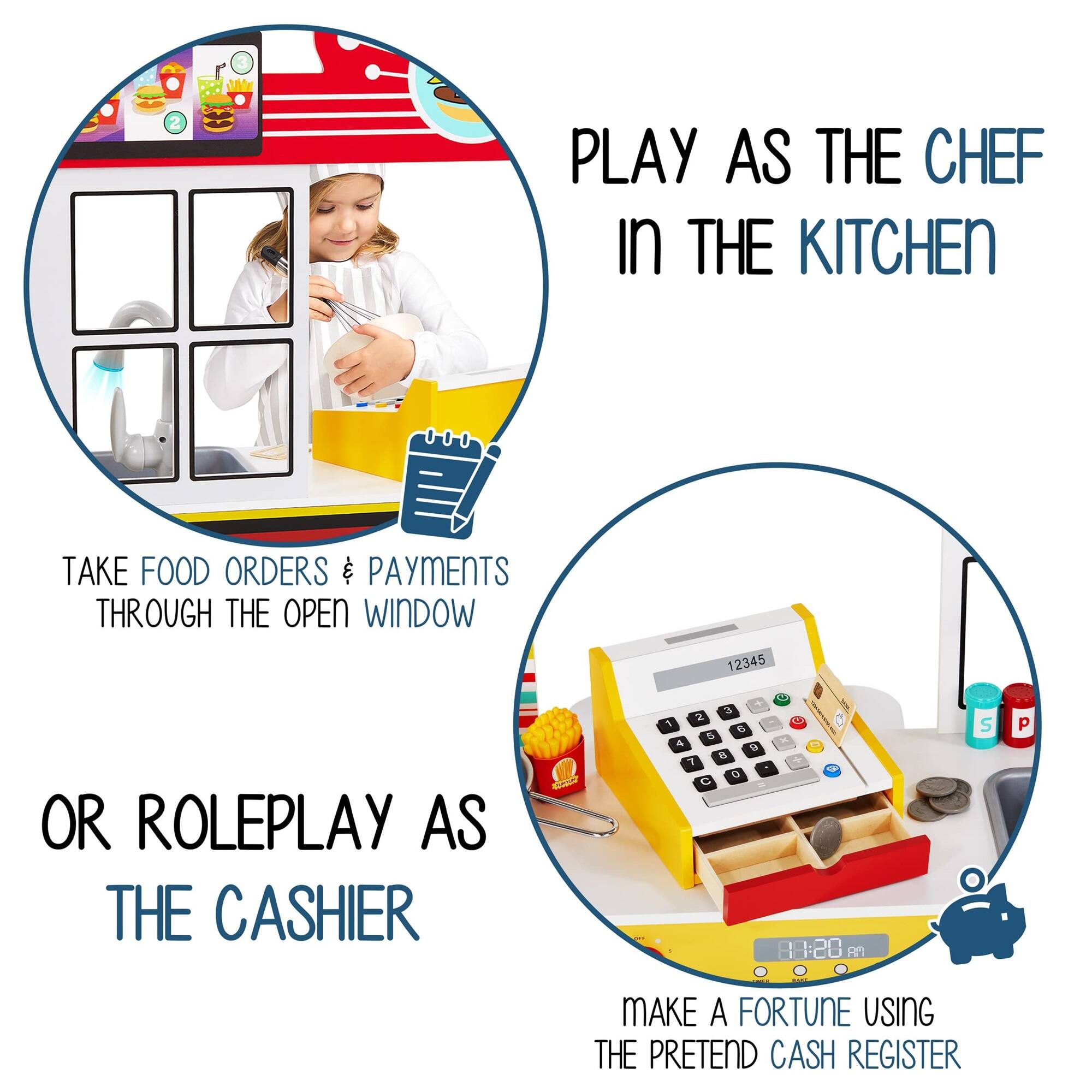 1. PLAY AS THE CHEF IN THE KITCHEN
2. TAKE FOOD ORDERS & PAYMENTS THROUGH THE OPEN WINDOW
3. OR ROLEPLAY AS THE CASHIER
4. MAKE A FORTUNE USING THE PRETEND CASH REGISTER