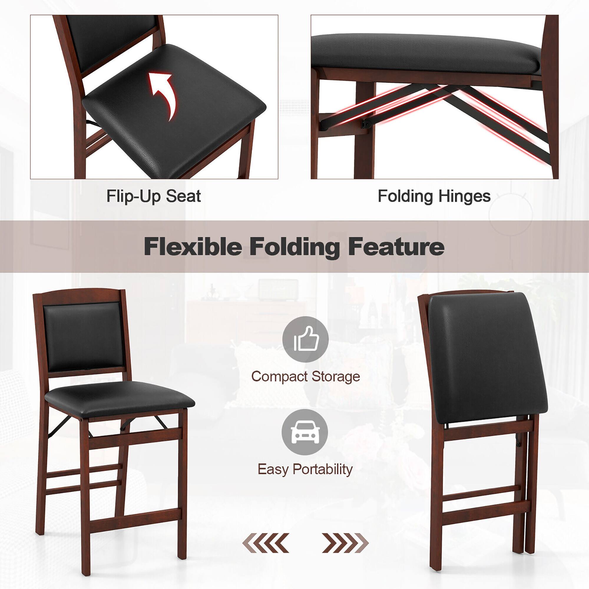 The text in the image can be grouped and corrected as follows:

1. **Flip-Up Seat Folding Hinges**
2. **Flexible Folding Feature**
3. **Compact Storage**
4. **Easy Portability**
