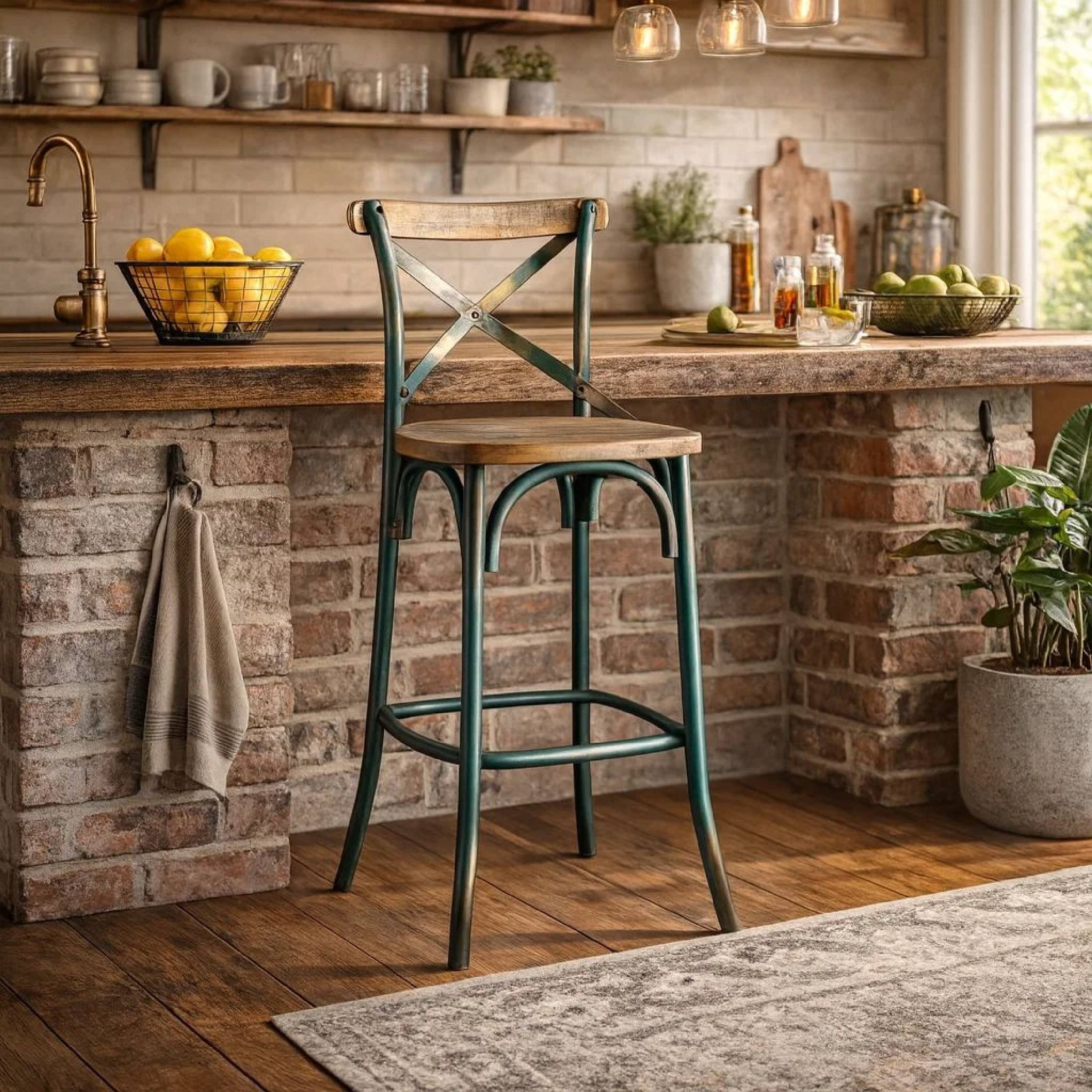 Alt View 8. Manhattan Lane - Wood & metal Bar Height Chair with X Style Panel back - Antique Sky Blue.